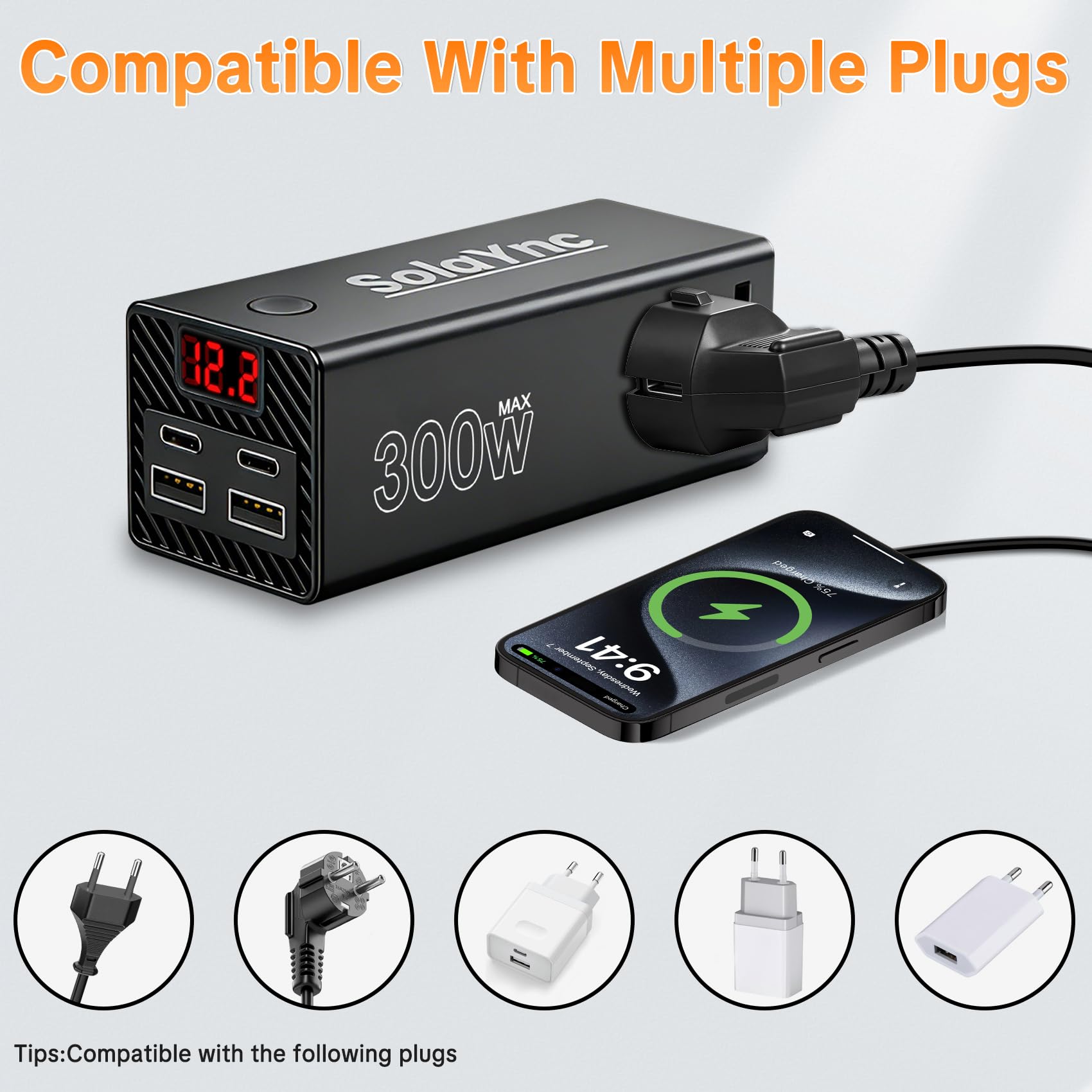 300W Convertisseur de Tension pour véhicule 12V/24V à 230V, avec Prises internationales et Affichage LED, 2 Ports USB-A et 2 Ports USB-C, adapté aux Voitures, Bateaux, Camping