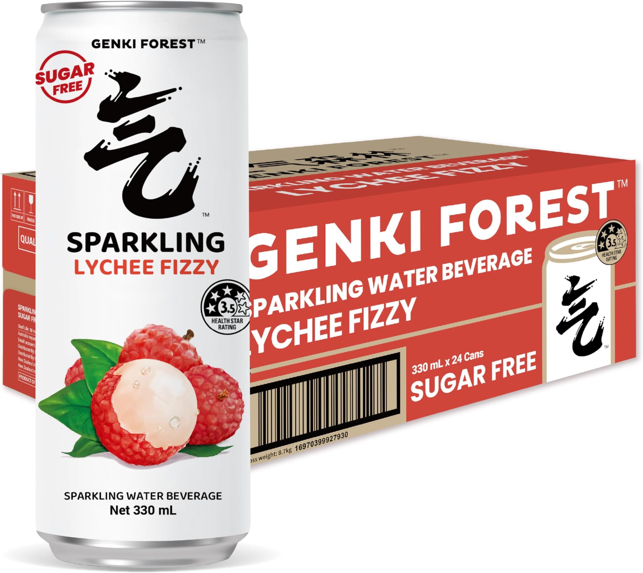 GENKI FOREST Flavored Sparkling Lychee Fizzy, 0 sugar, 0 calories, 100% flavor, 11.15 fl oz Cans(pack of 24)