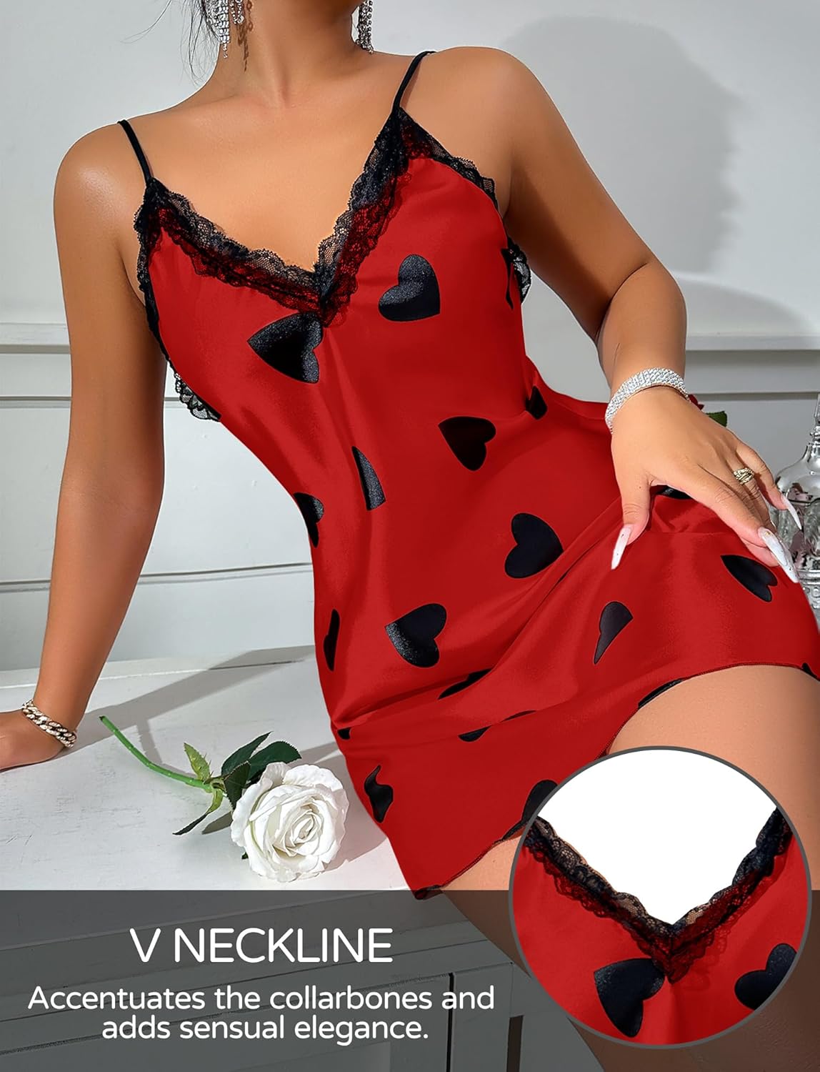 FEOYA Women’s Lace Nightgowns Satin Slip Dress V Neck Nightdress Silky Lingerie Sleepwear Cami Chemise Nightwear