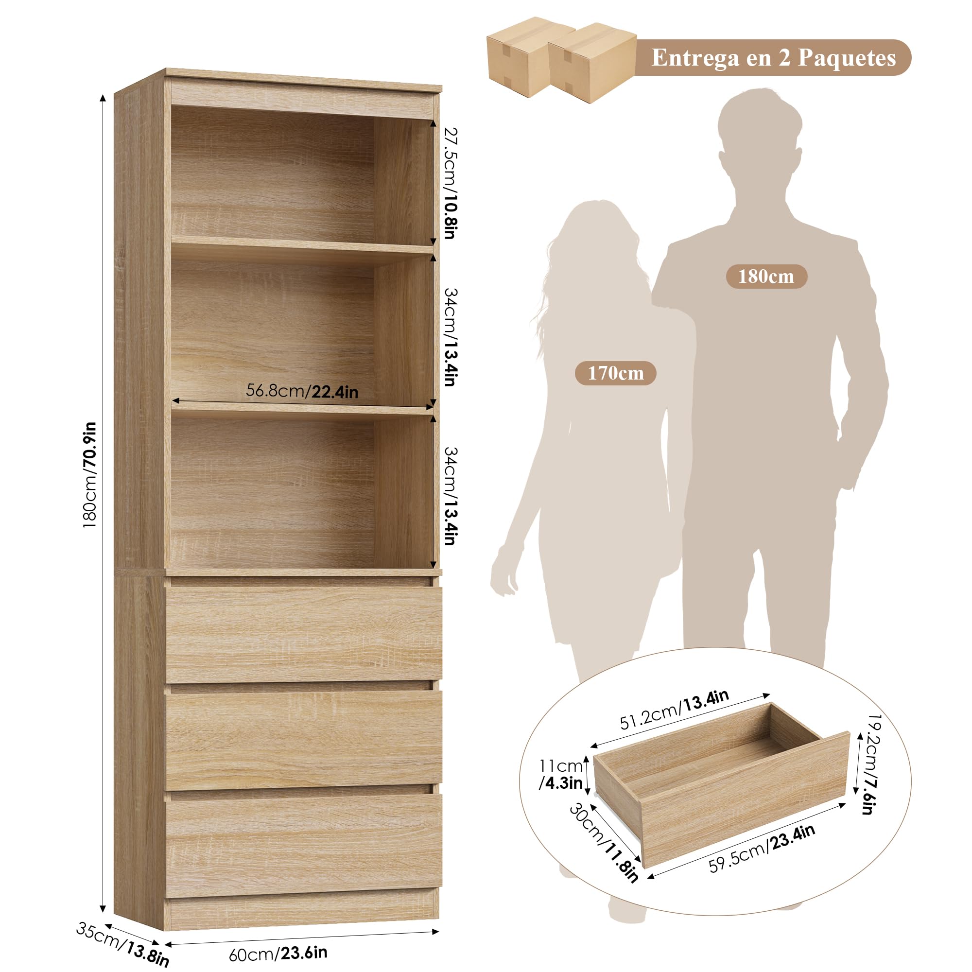 FirFurd 180cm Estantería de 3 Estantes con 3 Cajones, Librería Estantería | Mueble Organizar Documentos, Archivadores, Carpetas, Libros, para Oficina, Salón, Roble, 60x35x180cm