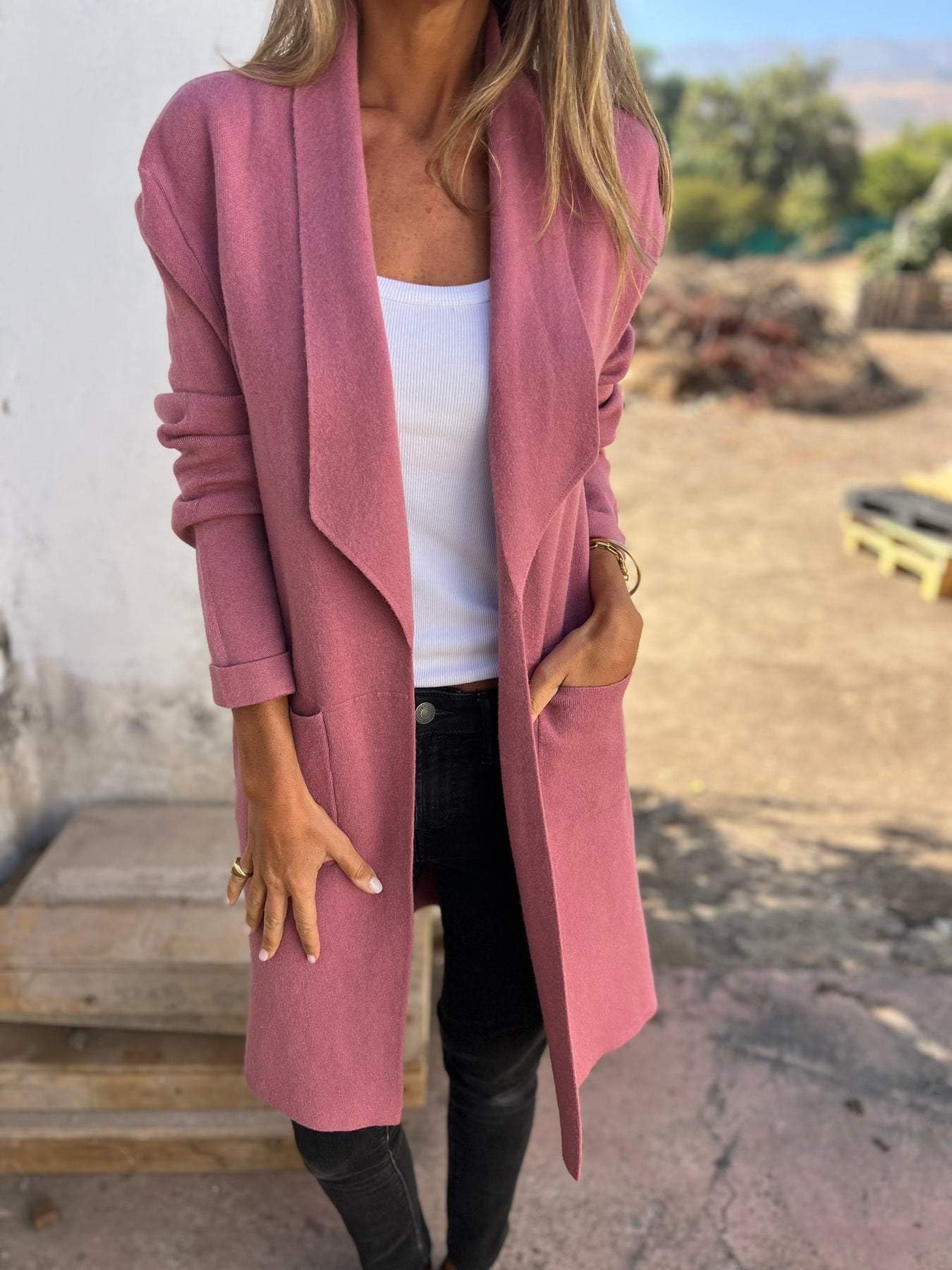 Womens Open Front Cardigan Sweater Long Sleeve Casual Knit Lapel Coatigan Coat
