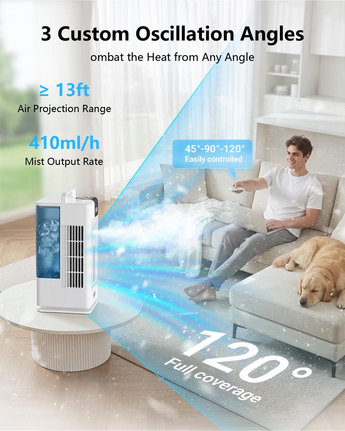 Condizionatore d'aria portatile, condizionatore d'aria personale da 2000 ml, mini condizionatore d'aria, ventola di raffreddamento evaporativo con oscillazione di 120°, 7 modalità di luce RGB, 4