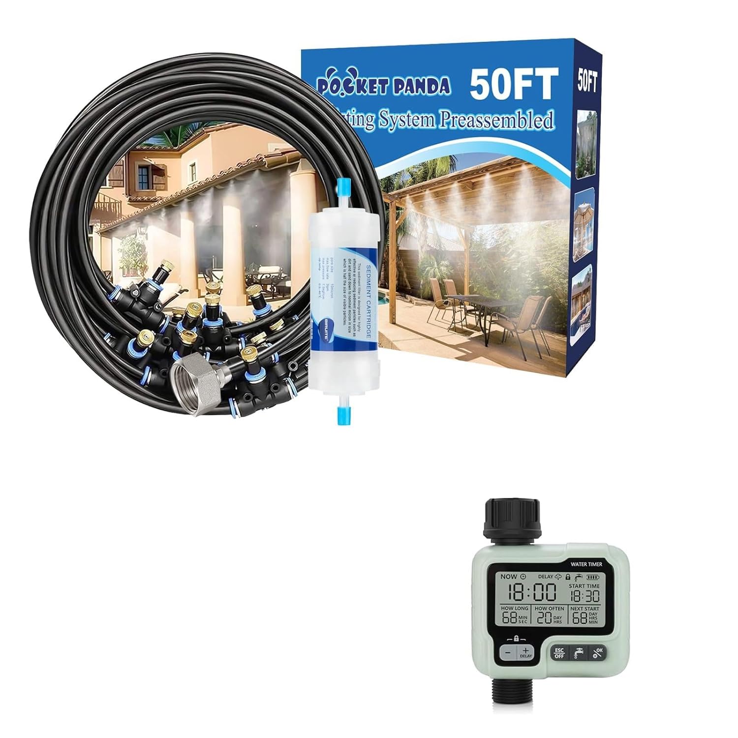 Pre-Assembled Outdoor Misting Cooling System w Filter 50FT+Automatic Outdoor Water Timer