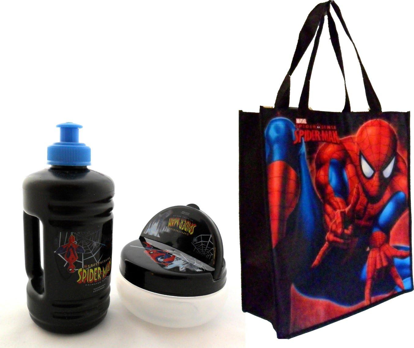 3-piece Spiderman Lunch Set - Spiderman Snack Container, Spiderman Water Bottle Jug, and Large Spiderman Tote Bag 16"x14"x7"- Great Spiderman Party Favors - Other Spiderman Party Supplies At Our Storefront - Use Marvel Spiderman Tote Bag As a Spiderman Gift Bag
