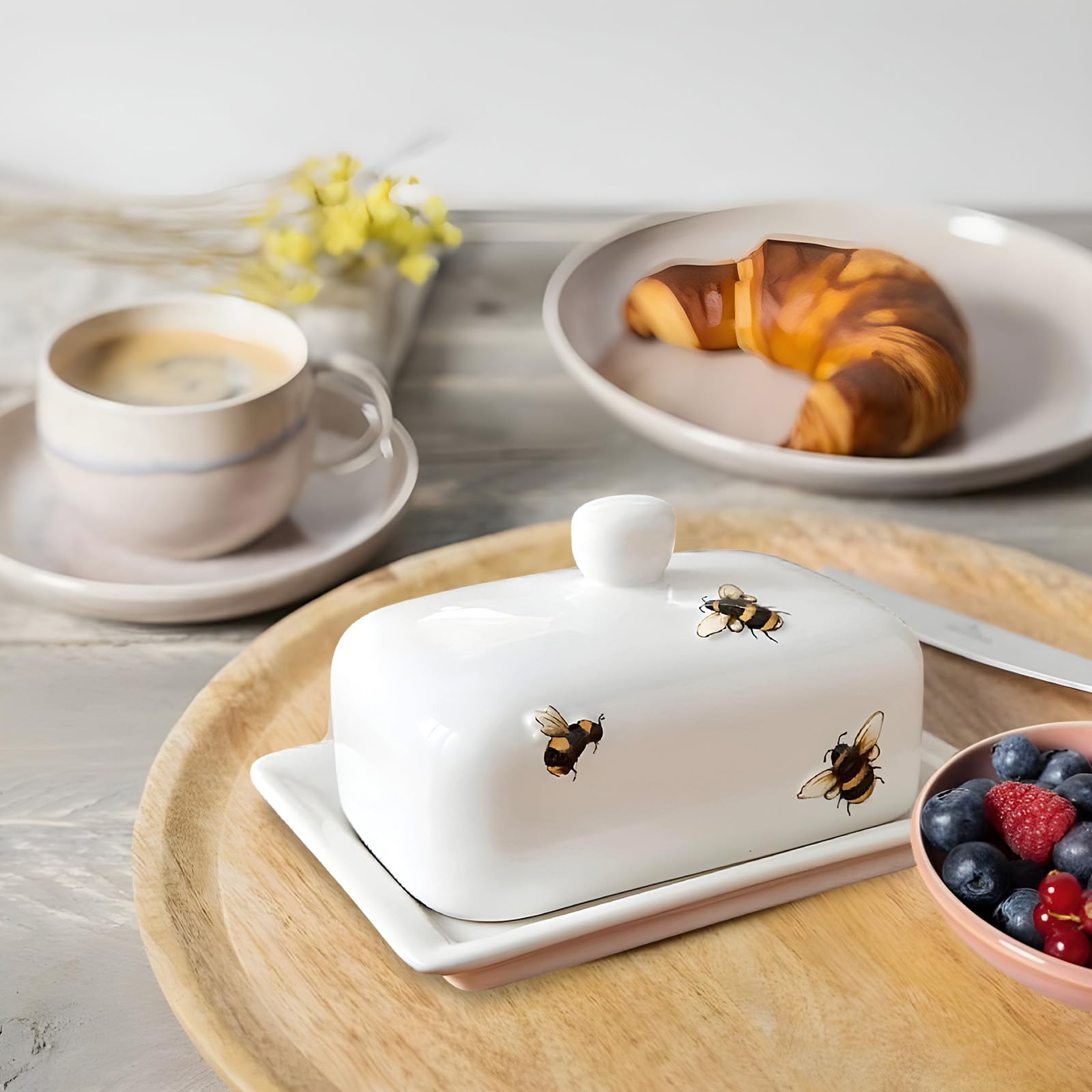 ceramiczna, 1 sztuka, porcelanowa maselniczka z uchwytem, biała puszka na masło z ceramiki o grubych ściankach, nadaje się do mycia w zmywarce (biała, 2)