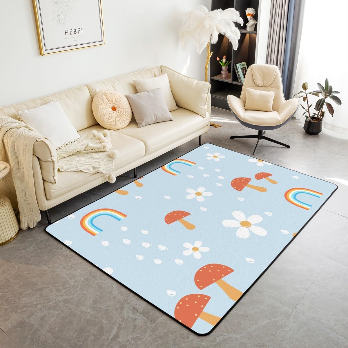 Cartoon Mushroom Area Rug 3x5 Cute Hand Drawn Flower Rug for Girls Boys Kids Adult Colorful Rainbow Carpet for Living Room Boho Hippie Plant Non Slip Washable Decorative Rug