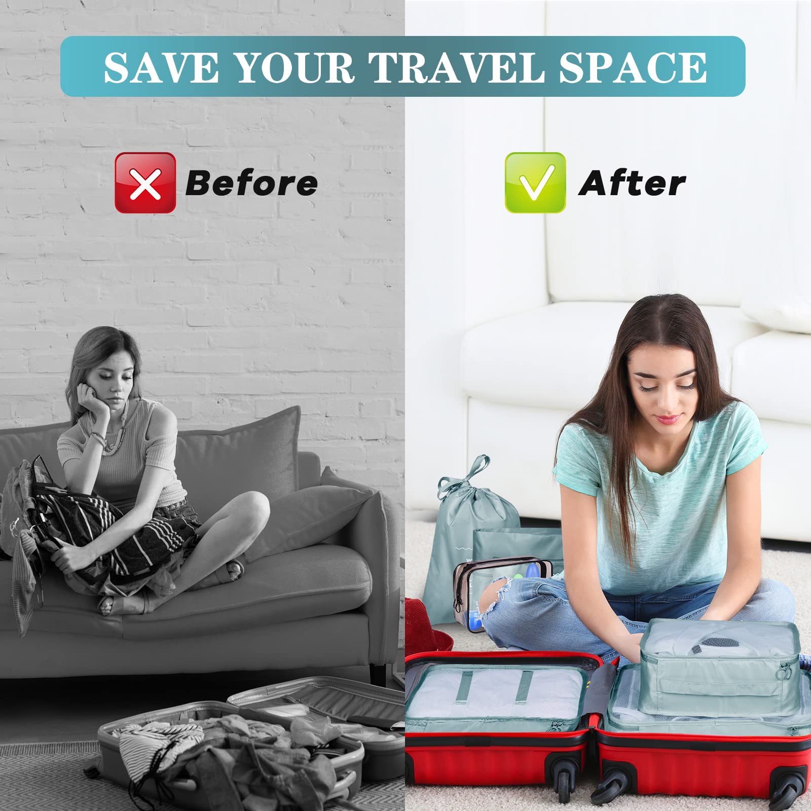 TENXSNUG Organizer Valigie Viaggio, 8 Pezzi Travel Organizer Packing Cubes Leggero Organizzatore Valigia Cubi di Imballaggio Cubo di Viaggio per i Vestiti, Scarpe, Intimo, Grigio Chiaro