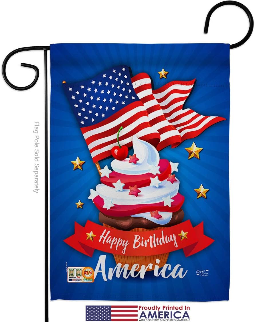 Happy Birthday America Garden Flag Set Wall Holder Americana Fourth of July Independence Day Fireworks BBQ United State American Small Gift Yard House Banner Made In USA 13 X 18.5