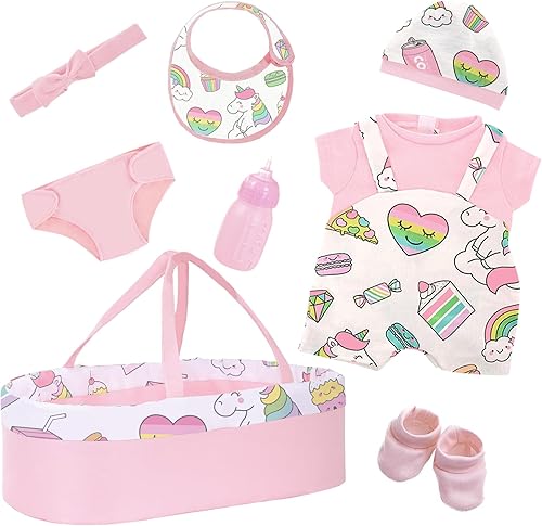 K.T. Fancy Moisés y accesorios para muñeca de bebé de color rosa cremoso, 8 unidades, para muñecas de 18 a 22 pulgadas, ropa de muñeca de bebé y