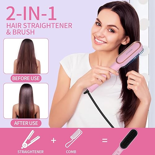 Miniatura 5 de Peine caliente eléctrico, cepillo calentado, alisador de cabello para mujer, bueno para cabello grueso, control de calor, alisado efectivo, rosa