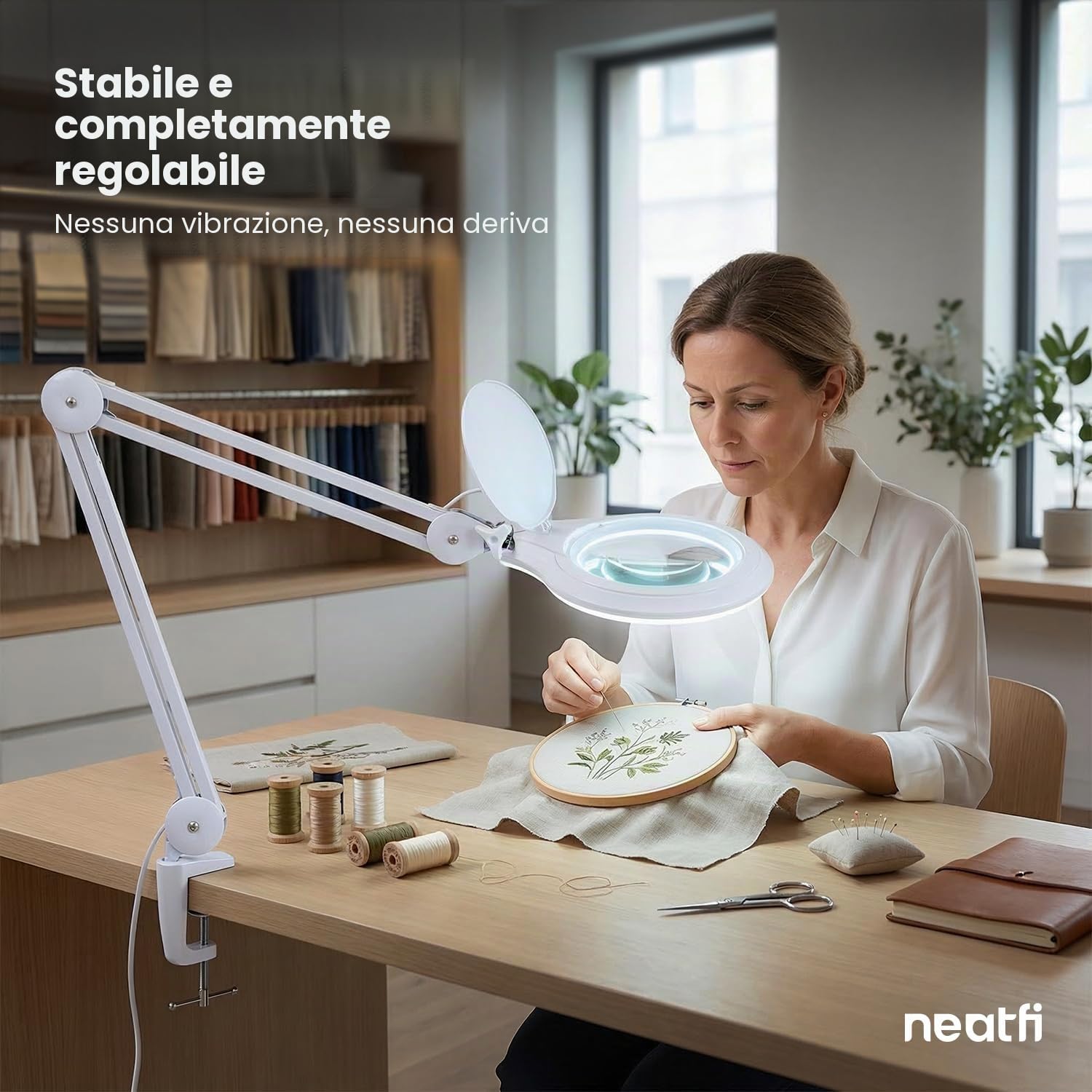 Neatfi (Nuovo Modello) 1.200 lumen Super LED lampada con morsetto, dimmerabile, lente da 13 cm, 60 LED SMD, braccio regolabile (Bianco, 8 Diottrie)