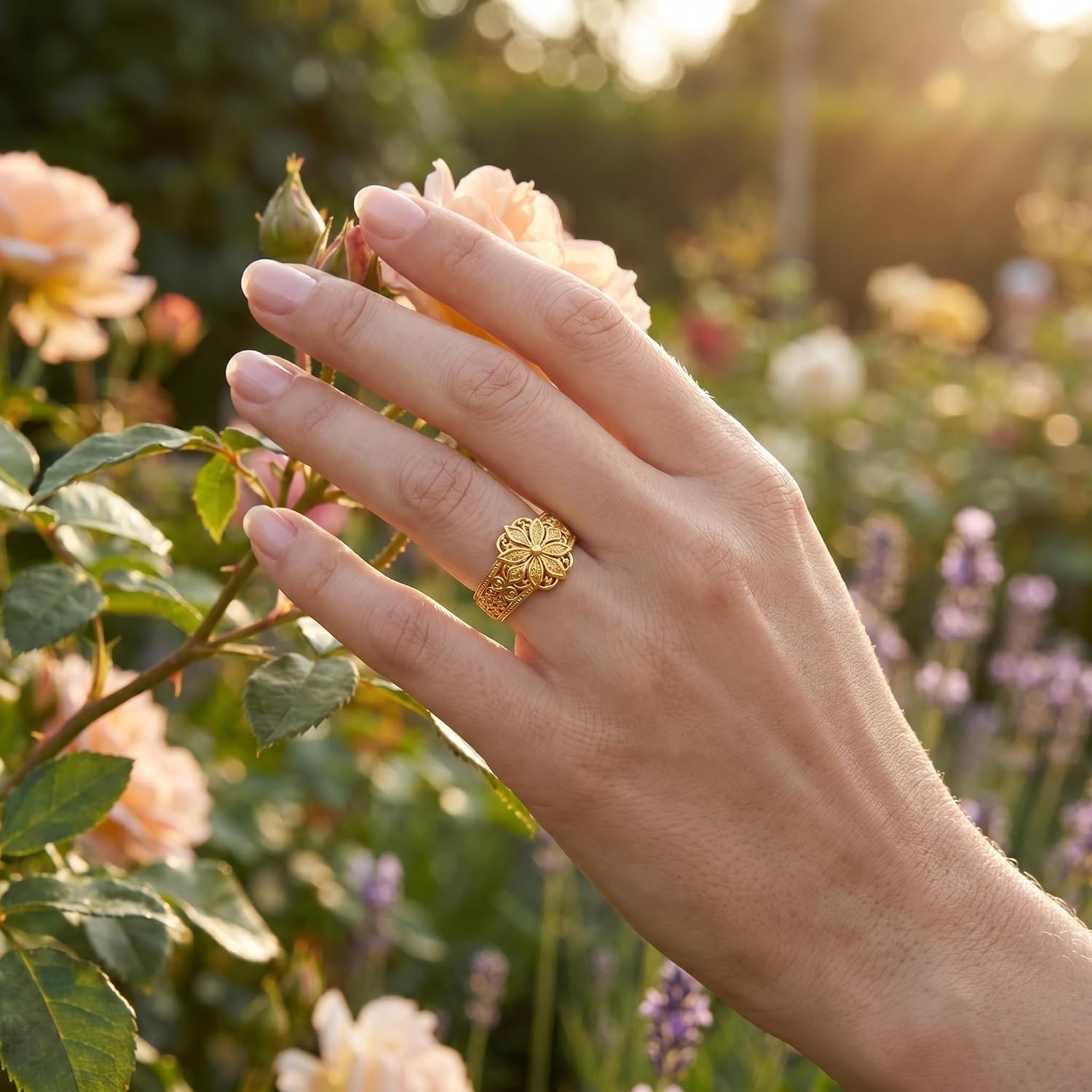 Floral Filigree Ring For Women, Chunky Vintage Classic Engraved Hollow Carved Band Flower Statement Rings Promise Wedding Gift Jewelry