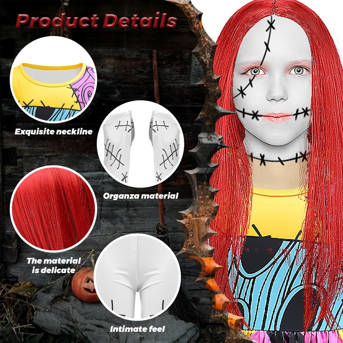 Sally Dress for Girls,Kids Sally Costume with Wig Bag Sleeve Tights Nnightmare Halloween Christmas Cosplay Outfit - Image 2