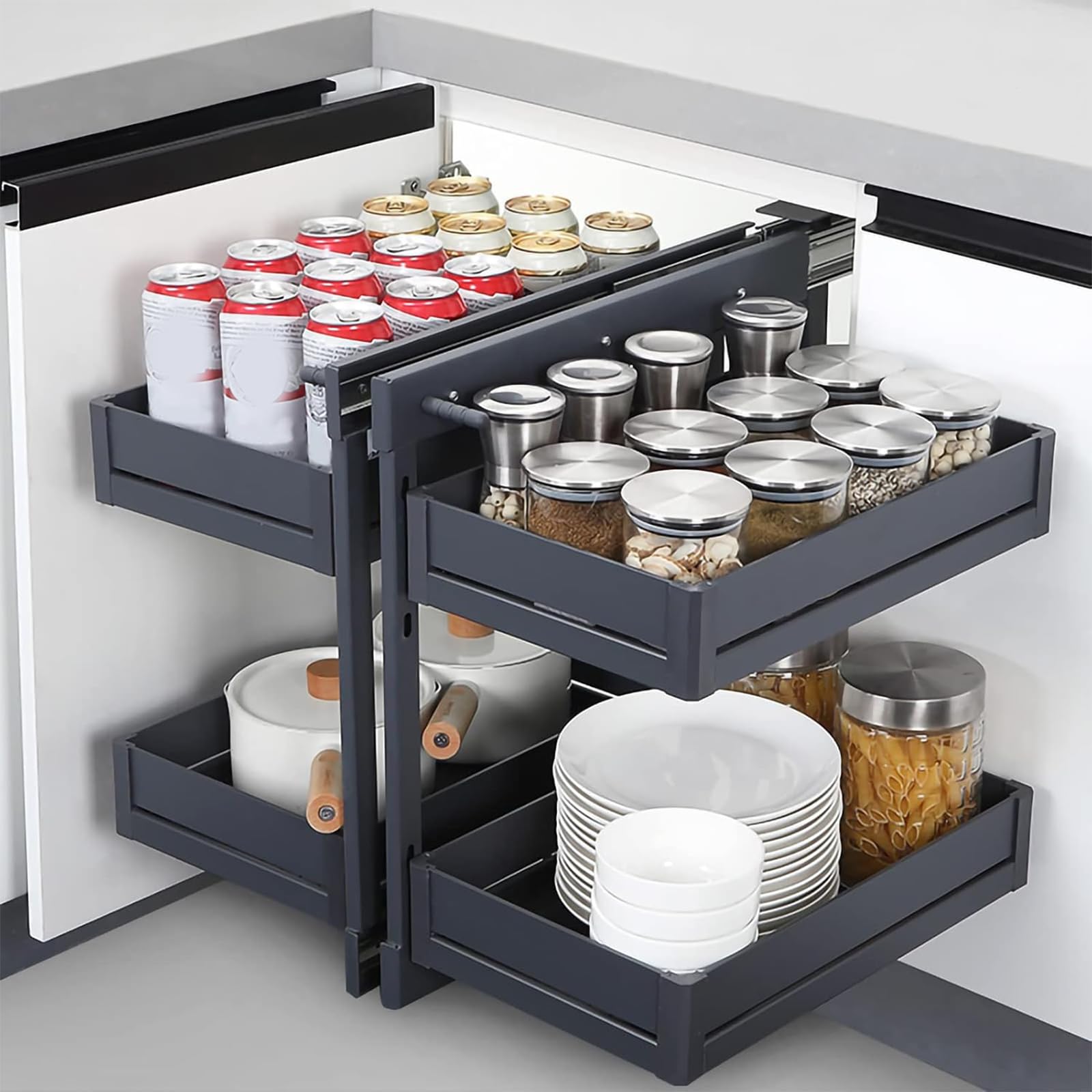 Ripiano portaoggetti da Cucina, Mobile angolare cieco Estraibile con 4 cestelli in Alluminio ottimizzatore a Estrazione Totale, Adatto per 800/900 mm