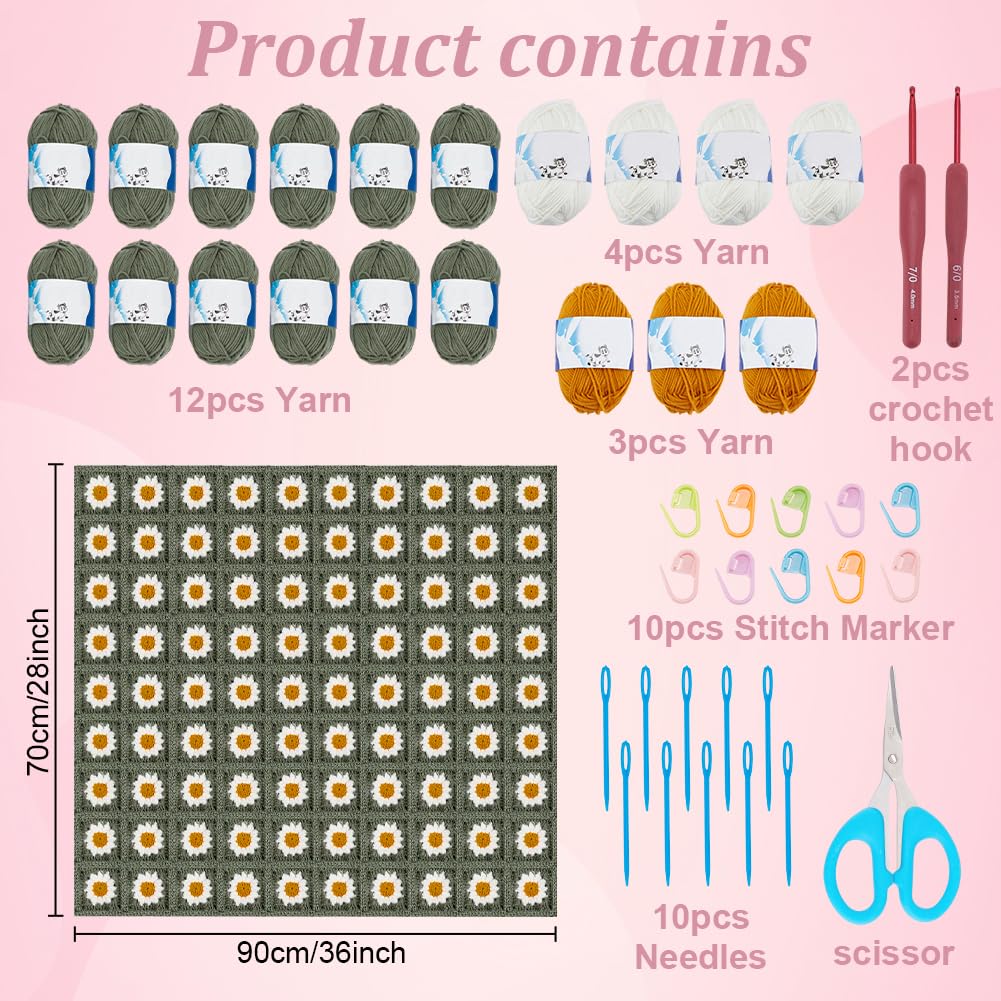 WEBEEDY Kit de manta de ganchillo para principiantes, kit de ganchillo Daisy Granny Squares para adultos con tutoriales en video paso a paso, hilo de ganchillo, gancho de ganchillo para tejer