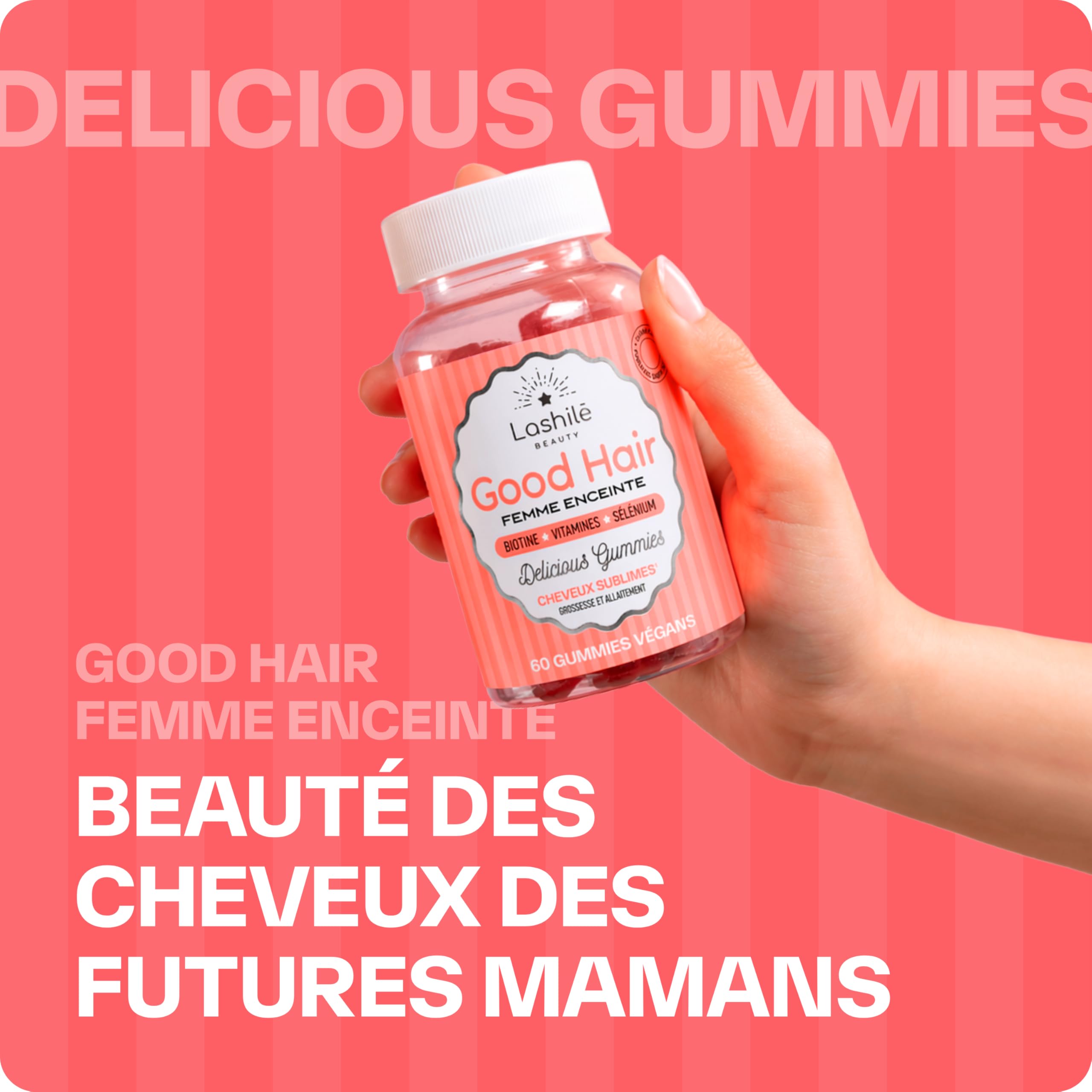 Lashilé Beauty - Gummies Cheveux Femme Enceinte - Pousse Croissance & Fortification capillaire - Complément Alimentaire Cheveux - Good Hair Femme Enceinte - Biotine Zinc B6 - Cure 3 Mois 180 Gummies