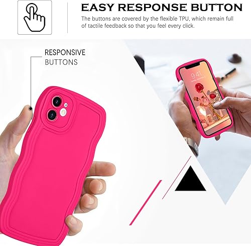 Miniatura 7 de YINLAI Funda diseñada para iPhone 12 de 6.1 pulgadas, funda de teléfono rosa neón Barbie, bonita forma de marco de onda rizada, delgada, suave, de
