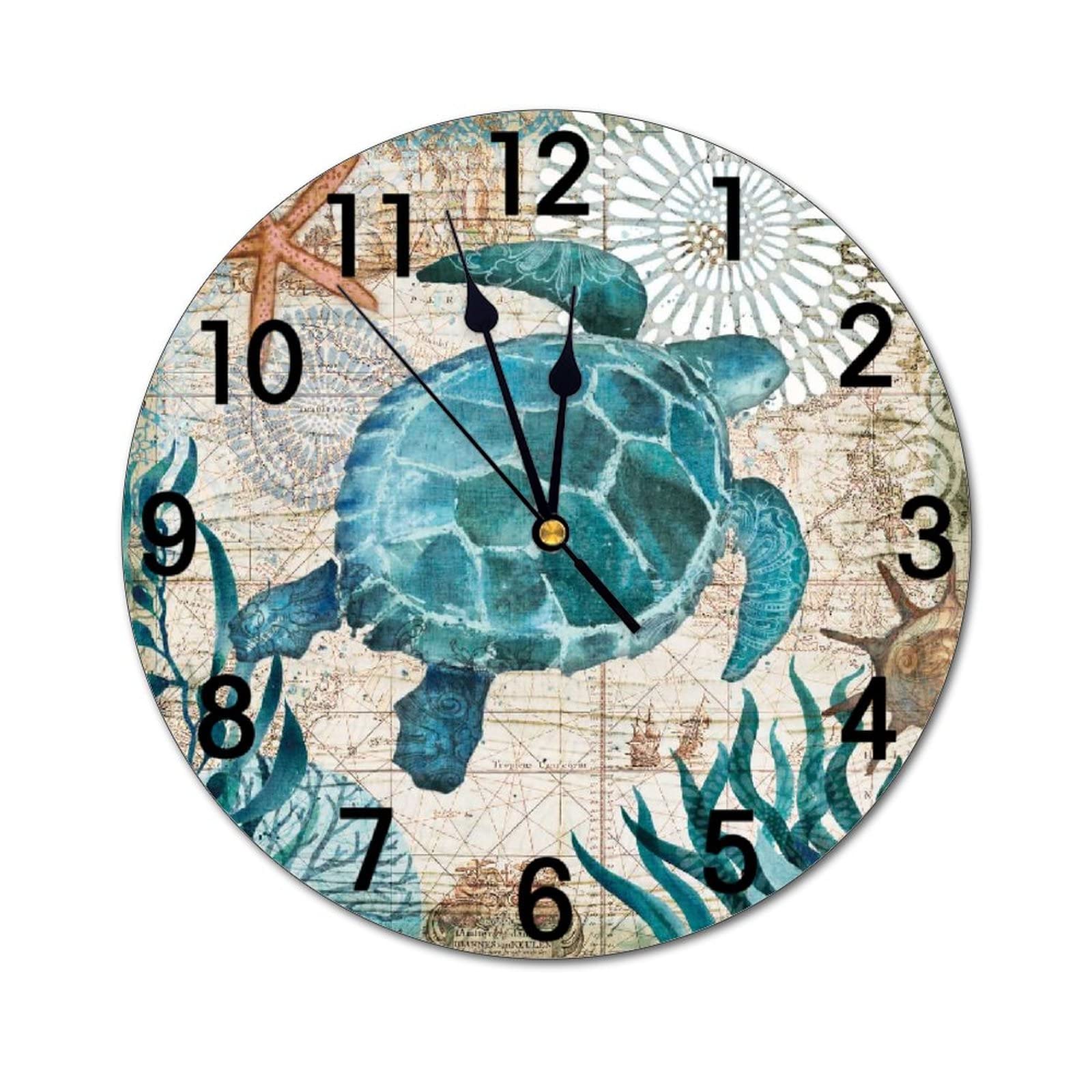 Abucaky Blue Sea Turtle Nautical Map Retro Ocean Wall Clock Battery Operated Silent Non Ticking Round Clock Art Wall Decor for Home, Office, School