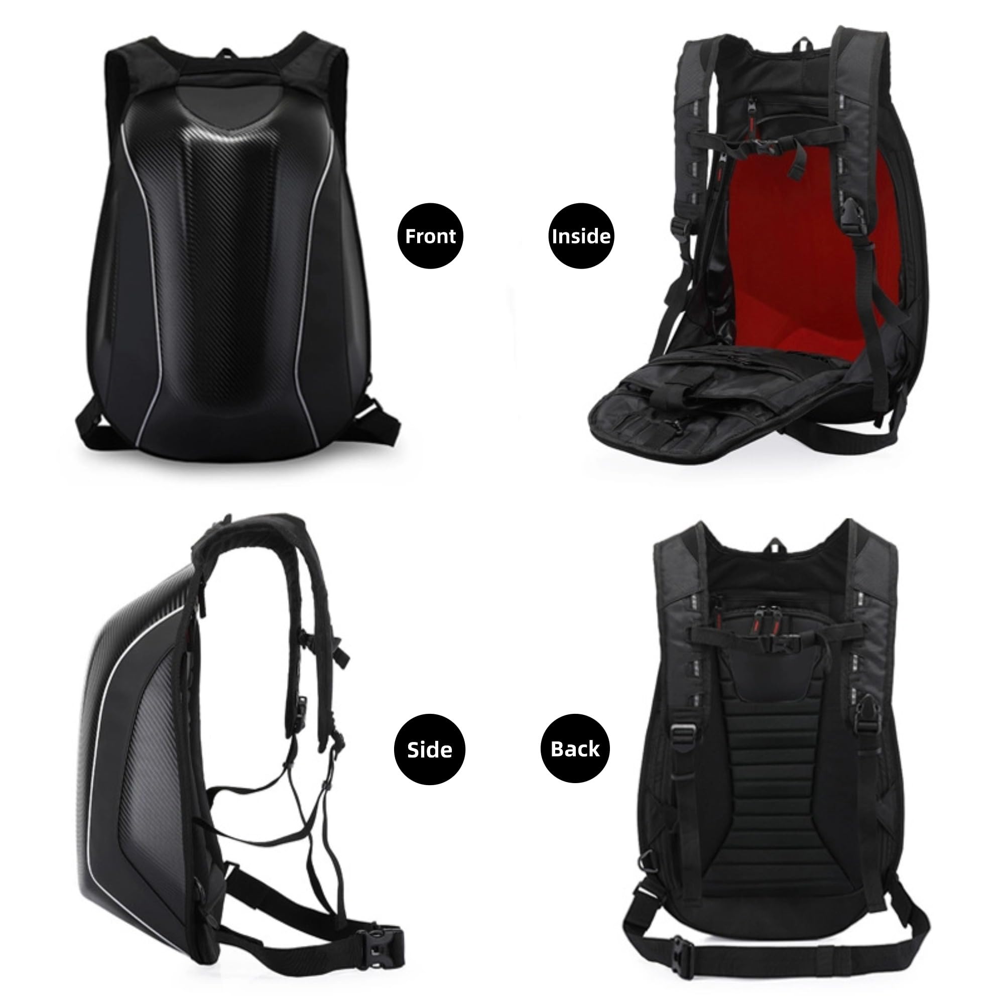 Mochila para moto de alta capacidad con carcasa rígida de fibra de carbono, compartimento dedicado para casco, extensible 30-48L, multibolsillos, para viajes y uso diario
