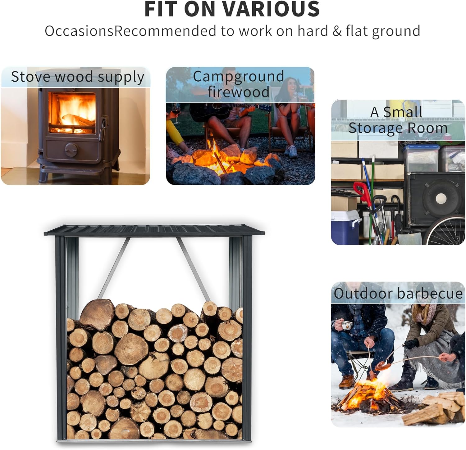 Outdoor Steel Firewood Rack, 3ft x 5ft Weather Resistant Open Wood Shed with Sloped Roof for Firewood, Pellet, or Lumber Storage, Black