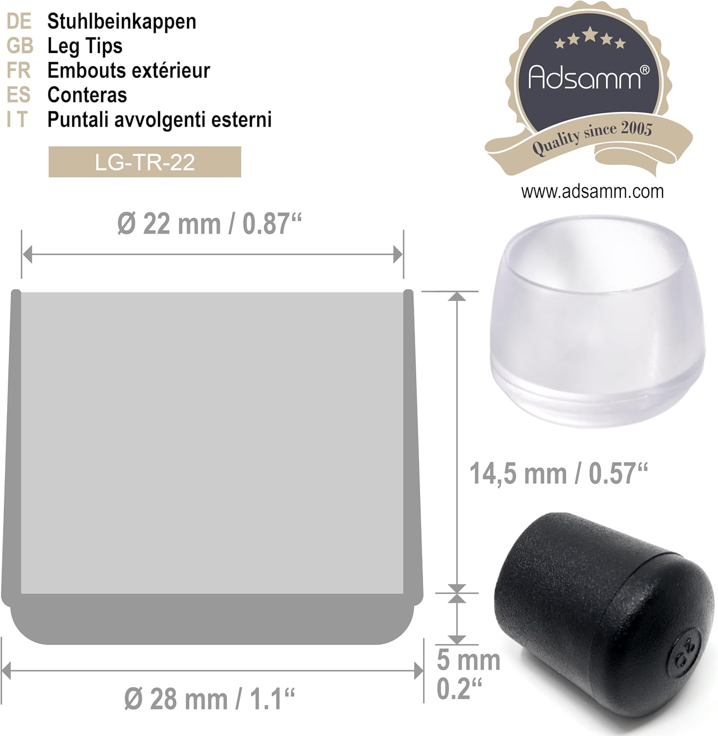 Adsamm LG-TR-22-4 LG-TR-22 4 x Chair Leg Caps, Transparent, Diameter 22 mm