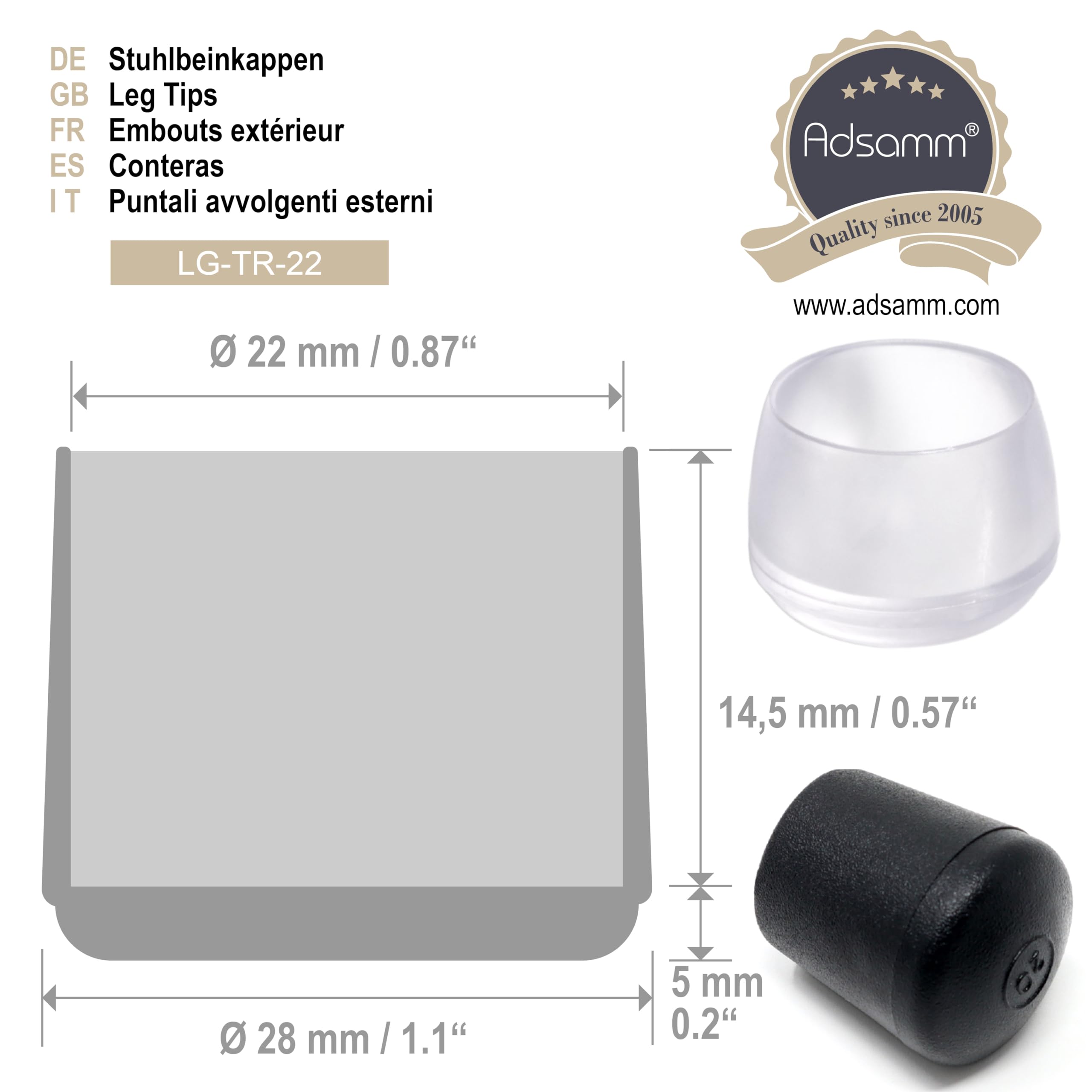 Adsamm LG-TR-22-100 100 Tapas para Patas de Silla, Transparente, Ø 22 mm