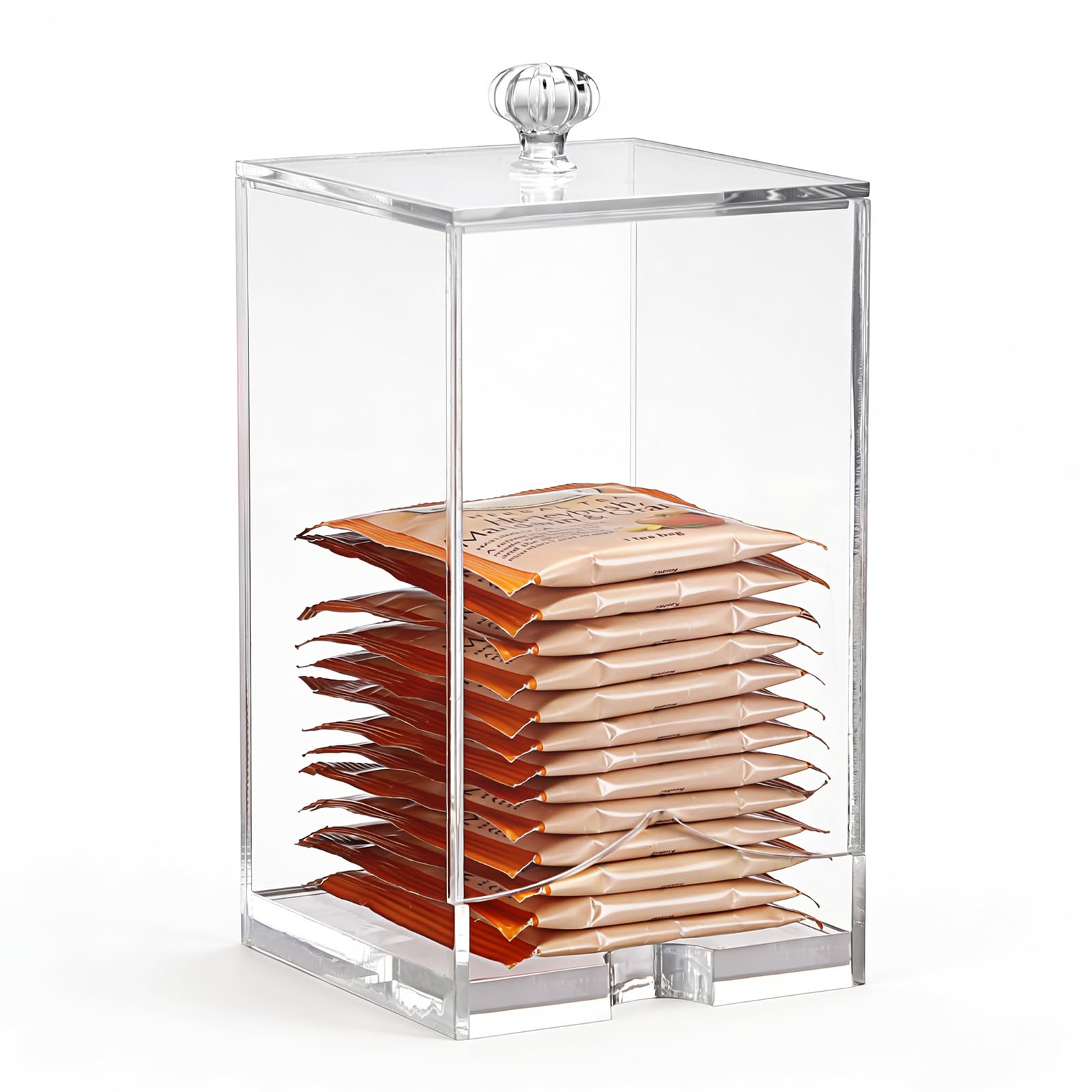 SUMTree Clear Acrylic Tea Bag Caddy, Tea Bag Dispenser with Lid, Herbal Tea Storage Box, Cupboard organizer with Groove for 3βx3β Sugar Sachets, Coffee Bags or Smaller, Kitchen Storage Box, 8.2*14.3cm
