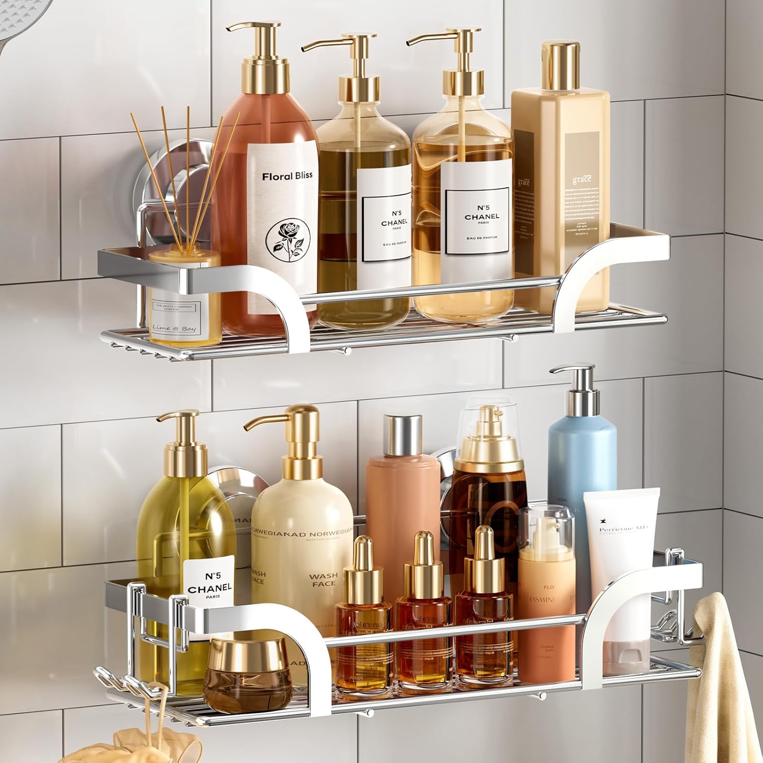 TAILI Shower Caddy Suction Cup 2 Pack, Heavy Duty Bathroom Basket, Bath Shelves for Inside,Stainless Steel Shower Holder Organizer for Bathroom Storage & Home Decor,No Drilling,Silver 2xSilver