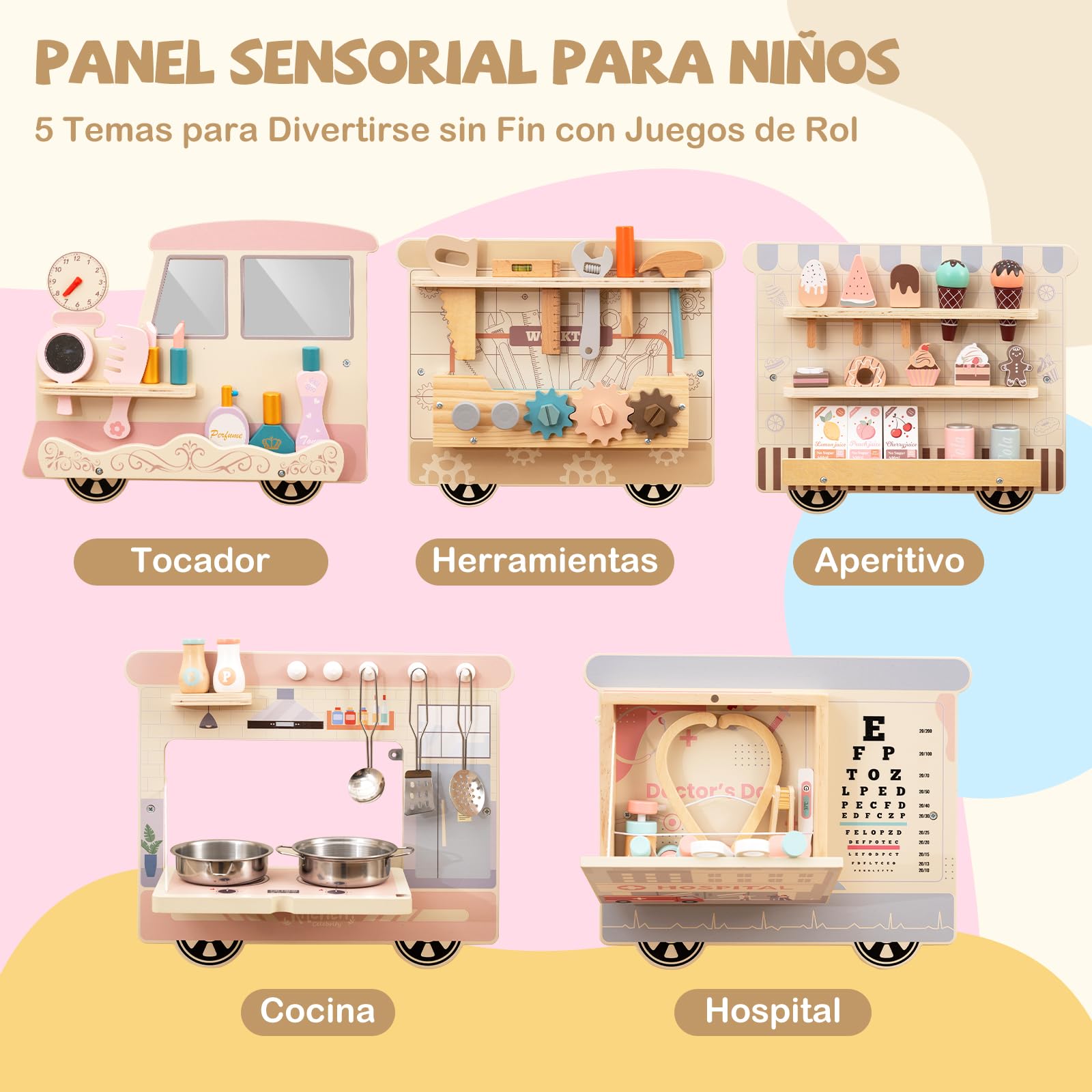GOPLUS Tablero de Actividades en Forma de Tren, Tabla Montessori, Panel Sensorial de Pared con 5 Paneles, 63 Accesorios, Juego Educativo para Niños de 3 Años, Guardería, Sala de Juegos