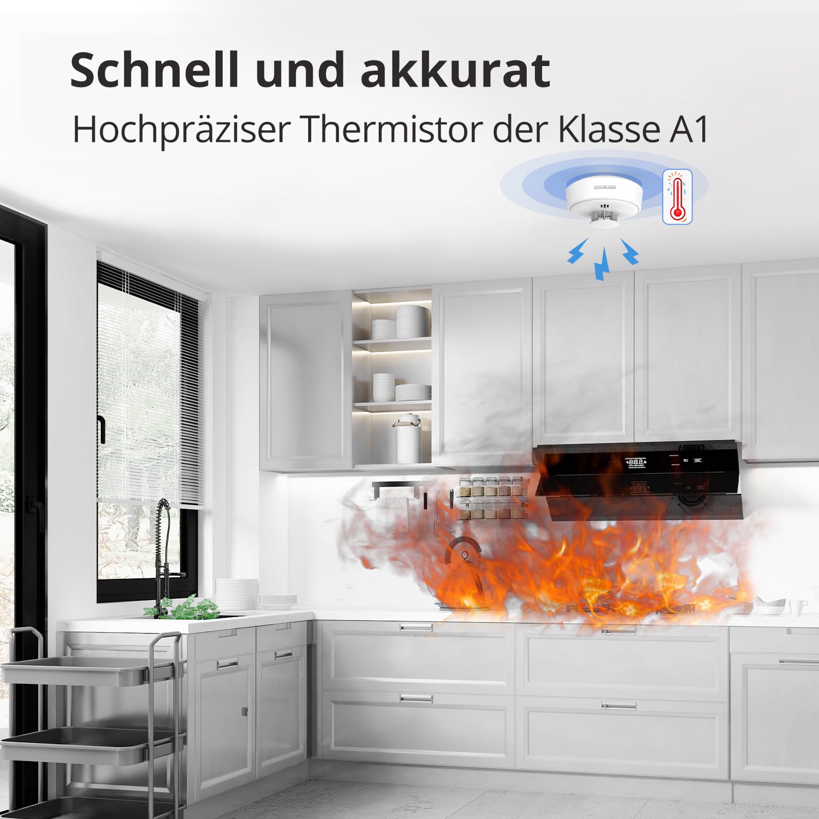 Hitzewarnmelder, 10 Jahre versiegelte Batterie, Hitzemelder Küche, Hitzewarnmelder kann ferngesteuert stummgeschaltet Werden, große Stummschalt-/Testtaste Hitzewarnmelder, BS 5446 Standard