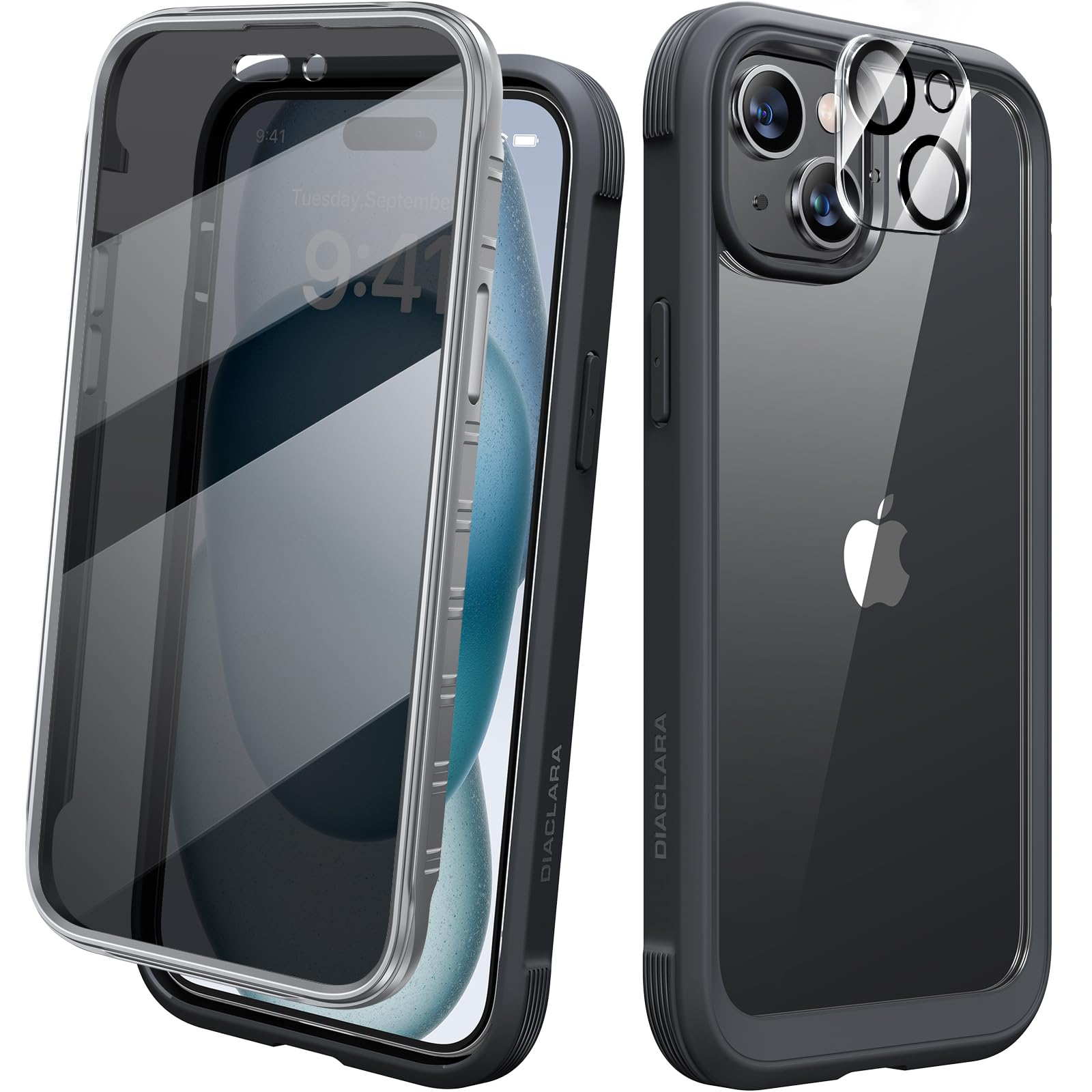 Diaclara Designed for iPhone 15 Plus Case 6.7 Inch,Upgraded Full Body Rugged Clear Bumper Case with Built-in Privacy Screen Protector for iPhone 15 Plus,Black