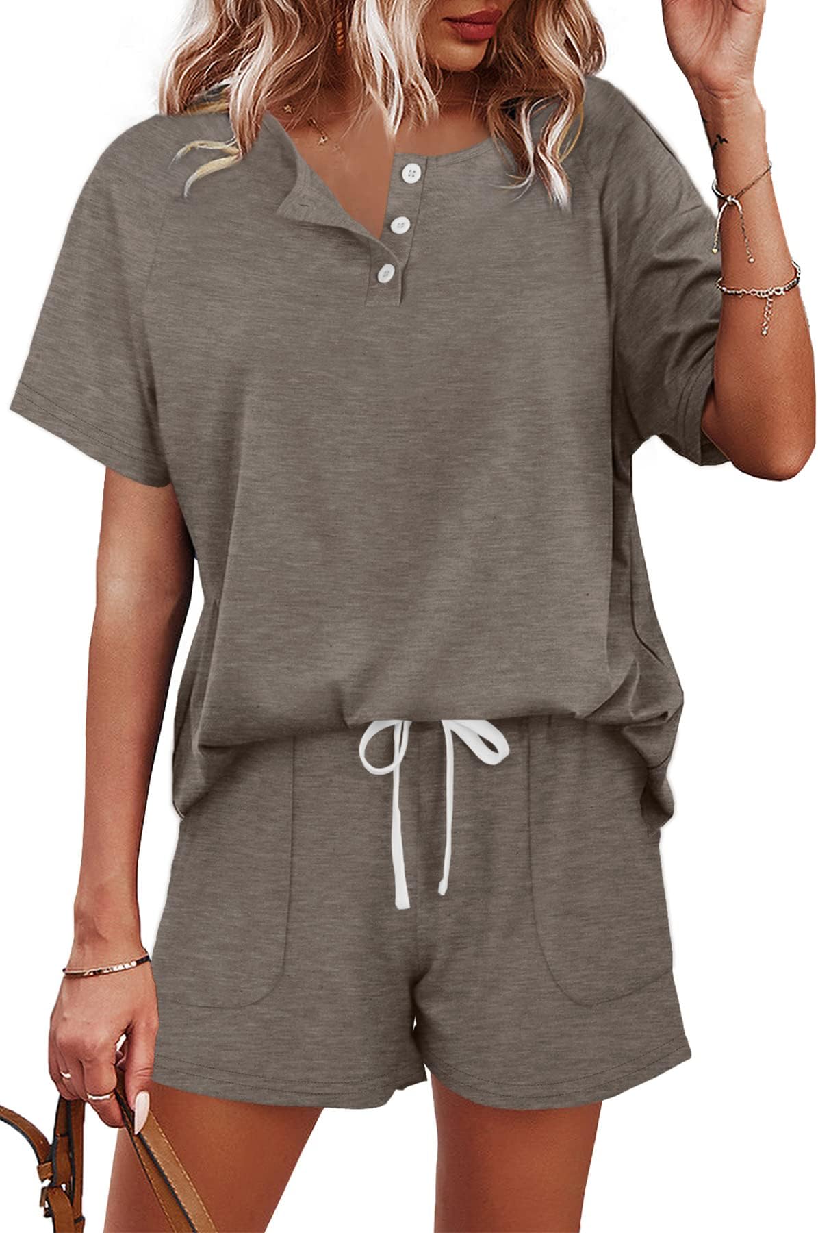 Two Piece Outfits for Women Lounge Sets Button Down Top and Shorts Set Sweatsuits with Pockets