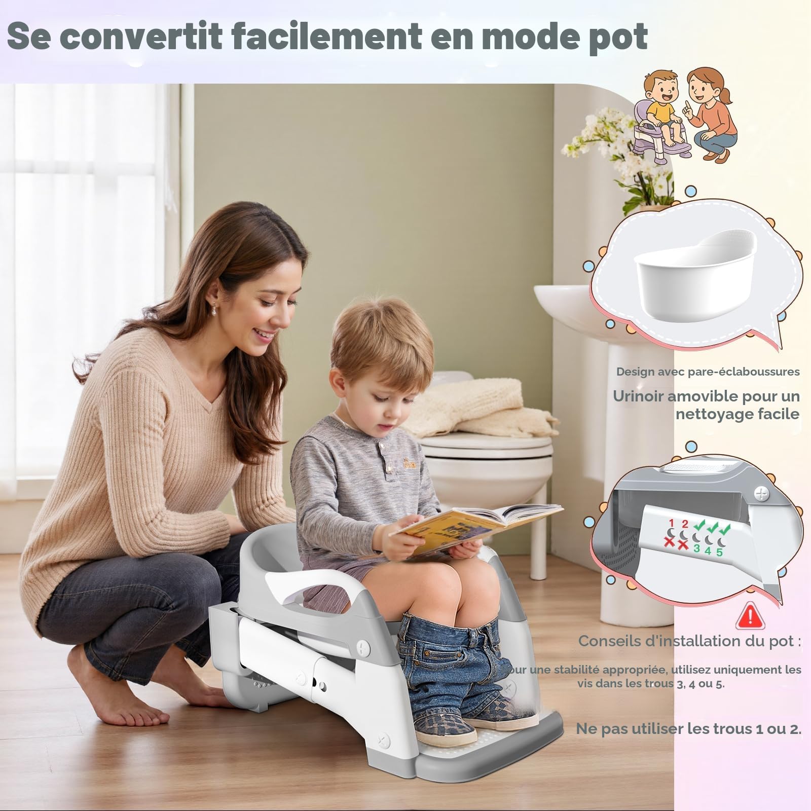 Reducteur Toilette Enfant, 3 en 1 Rehausseur Toilette Enfant avec Marche Réducteurs de Toilettes Propreté Apprentissage Adaptateur Abattant WC Siège WC à Hauteur Réglable, Antidérapant, Pot Amovible