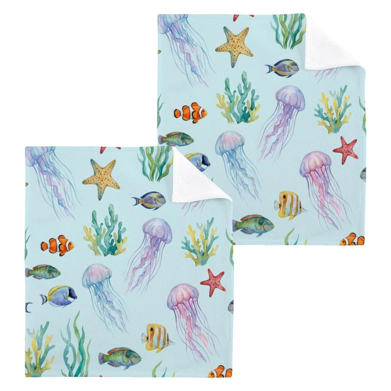 BOESI Whimsical Underwater World 12x12in Cotton Washcloth,Face Towel