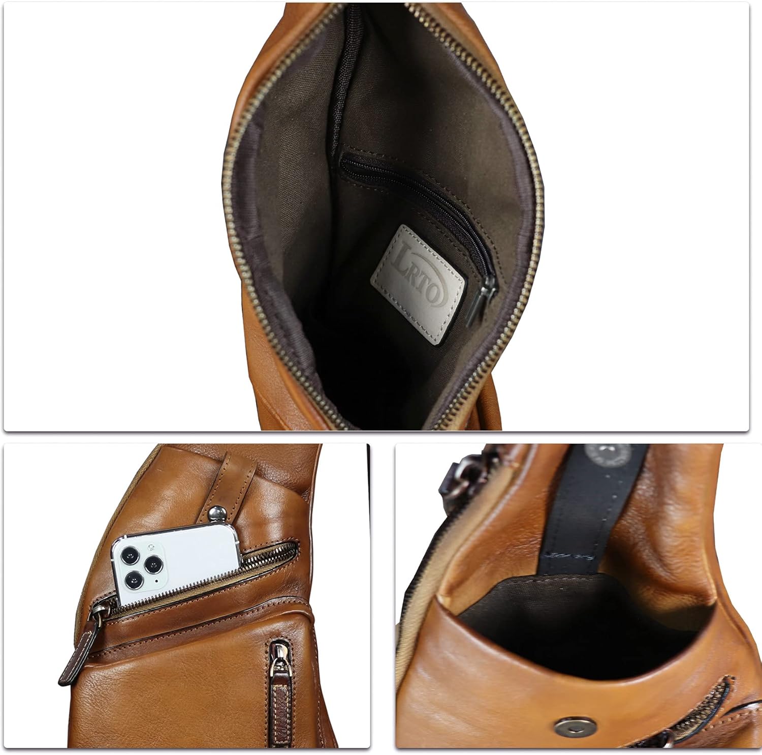 Genuine Leather Sling Bag for Men Vintage Handmade Crossbody Daypack Hiking Backpack Retro Crossbody Shoulder Bags (Brown) - Image 7