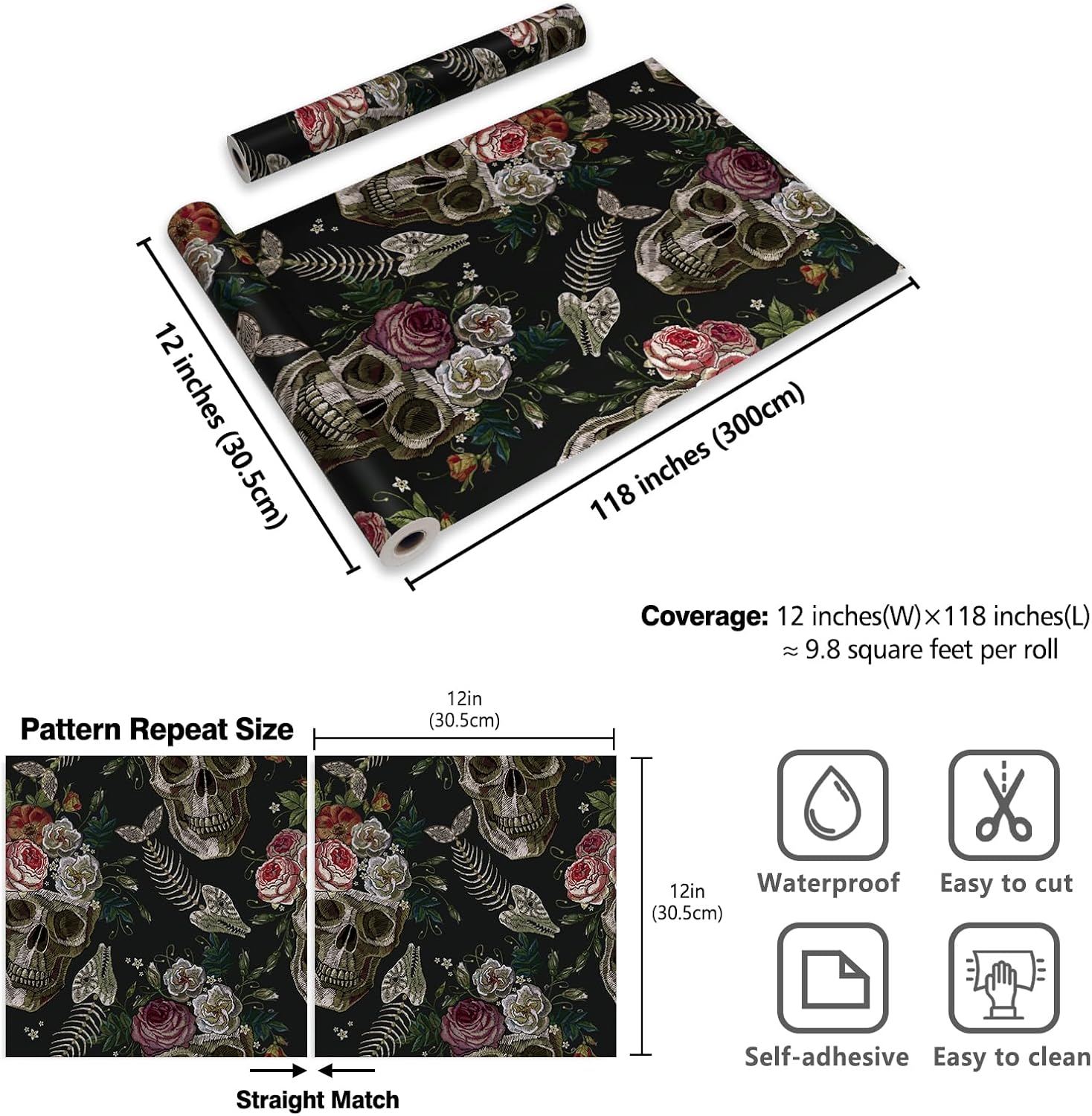 CRE8TIVE Dark Gothic Wallpaper Peel and Stick Floral Skull Wallpaper Removable Embroidery Skulls Fish Bones Rose Floral Contact Paper for Walls 12"x118" Adhesive Renter Friendly Wall Paper for Bedroom
