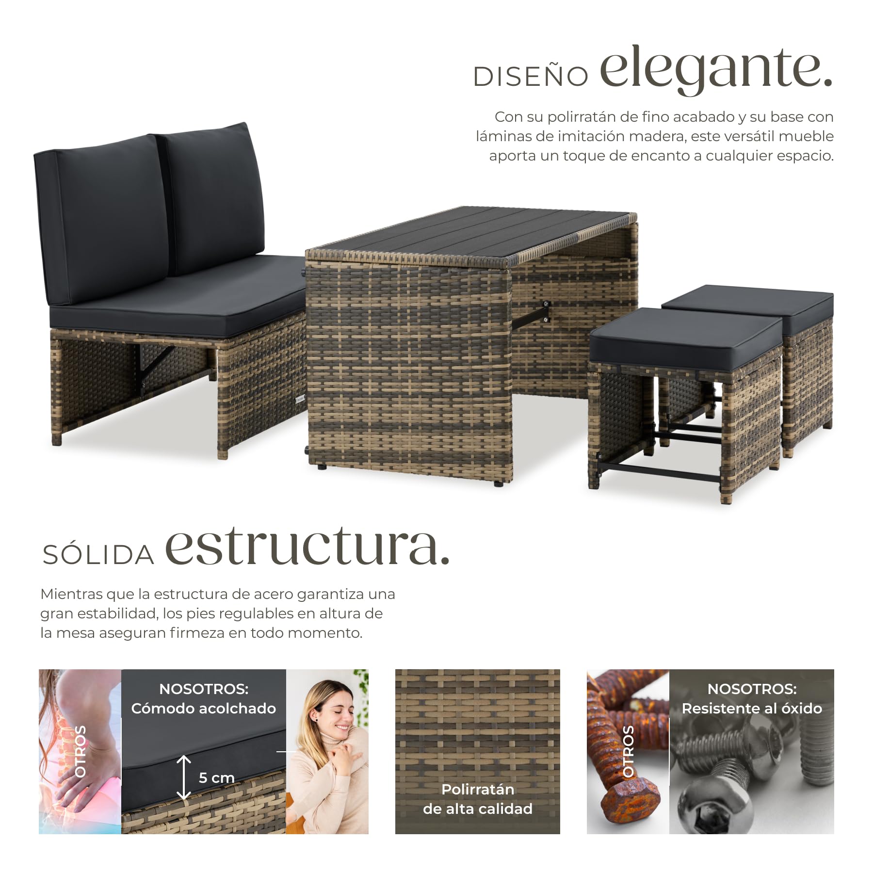 tectake® Conjunto Jardin Exterior 2 en 1, Muebles Jardin Exterior, Mesa y Sillas Terraza, Sofa con Cojines Impermeables y Lavables, 4 Personas, Sofas, Silla, Mesa Terraza, Mueble - Natural