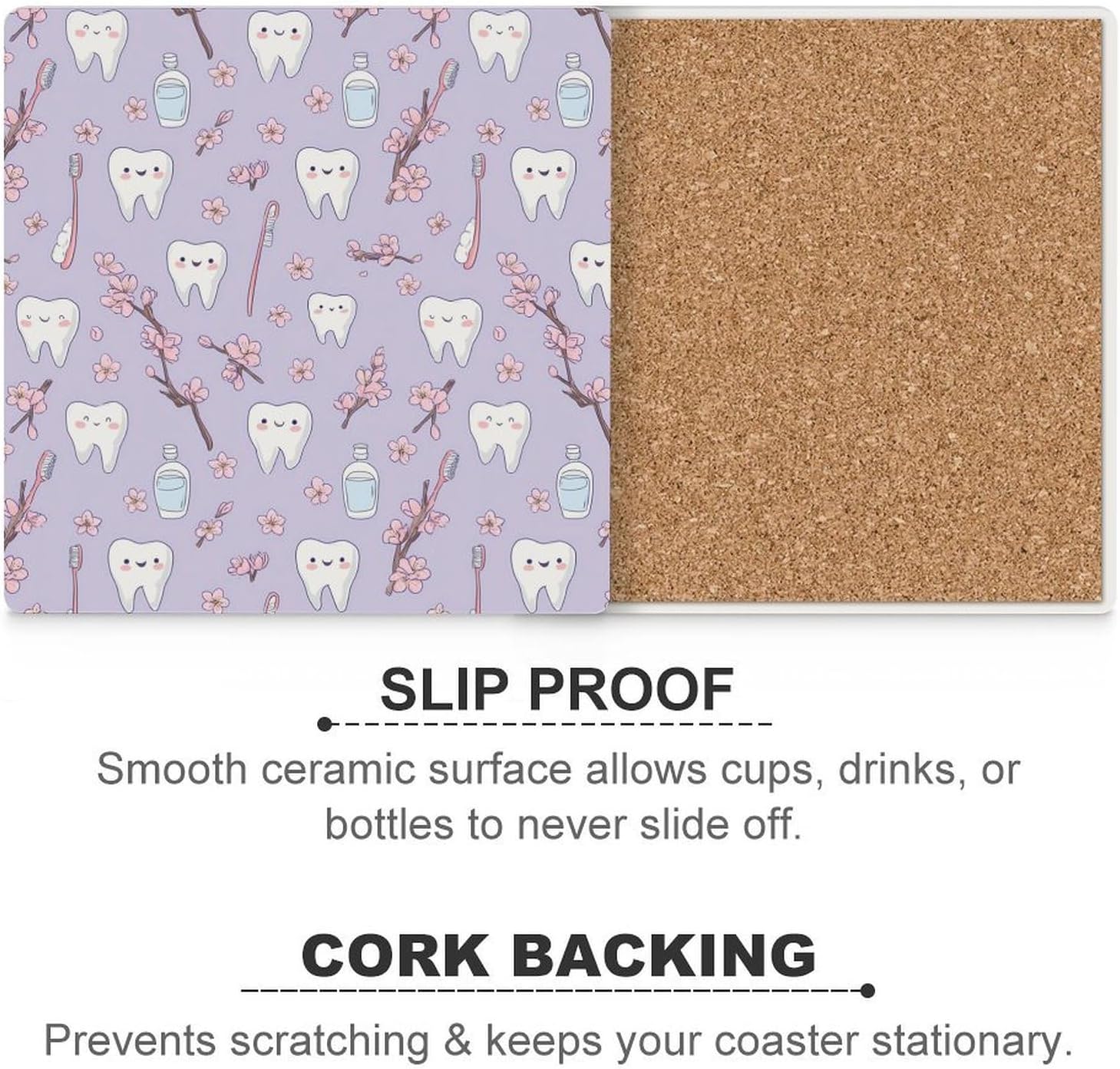 Cute Teeth Dental Care Coaster for Drinks Square Ceramic Table Coasters Stone Mat Crafts 6PCS Home Kitchen Decor