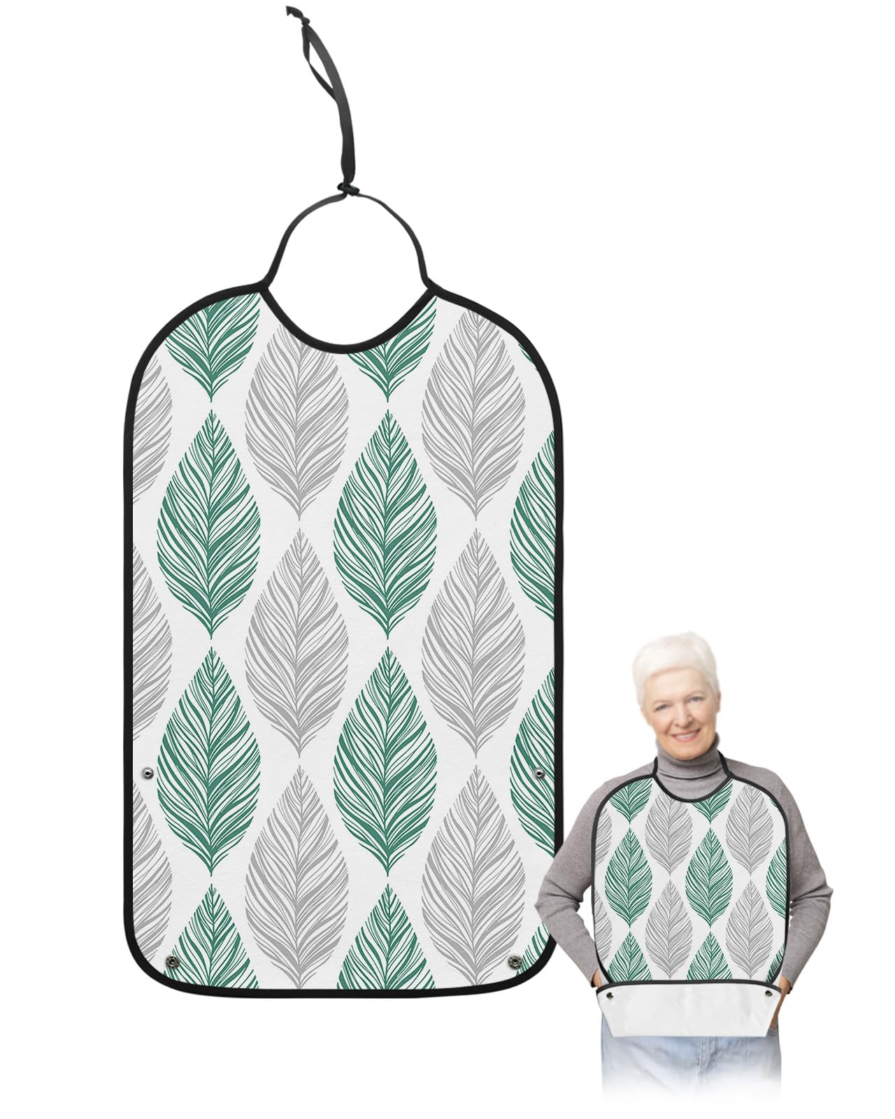 Green Leaves Adult Bib for Eating with Crumb Catcher,Washable & Waterproof Terry Cloth Adjustable Elderly Women Men Adult Bibs Funny Apron Reusable Clothing Protector Abstract Grey Summer Leaf Art