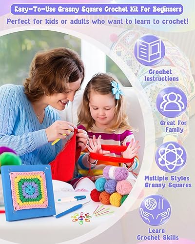 Miniatura 2 de Coopay Kit de ganchillo para principiantes para 6 tipos de cuadrados de abuelita, kit de punto para principiantes con instrucciones y 8 piezas de