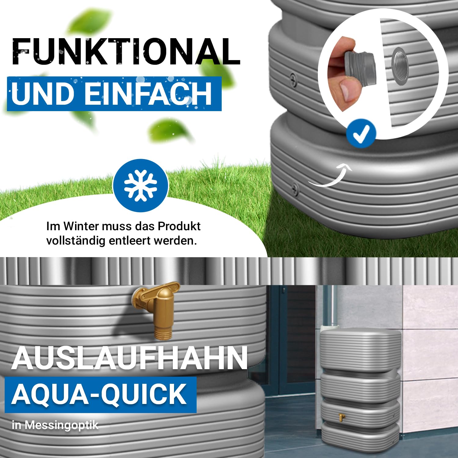 4rain Quadro Regentonne 500 Liter betongrau - Wandtank, Wassertank, Regenfass, Regenwassertonne, Wasserbehälter, Fass, Regenwassertank, Wasserfass, Wassertonne, Wassertonnen für Garten