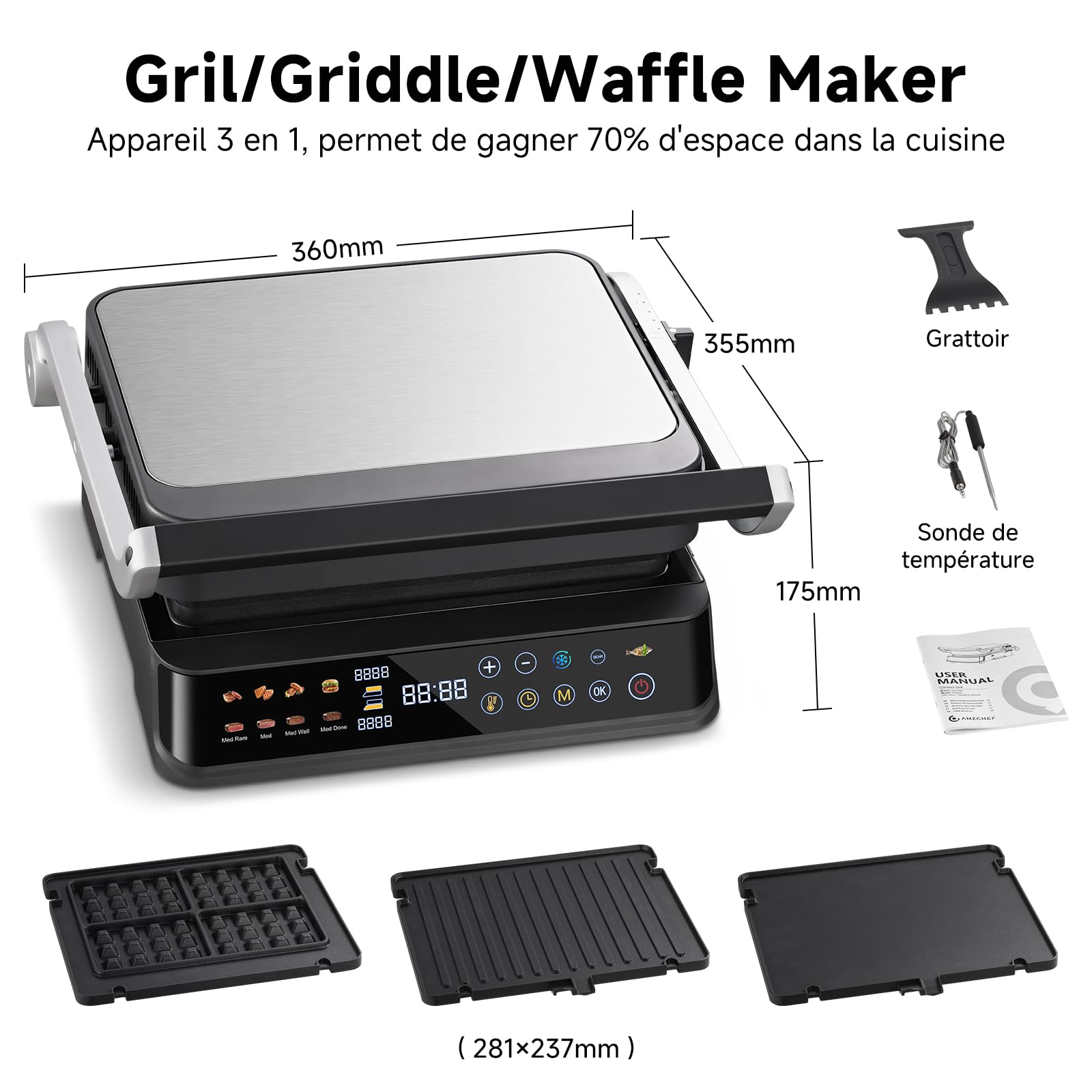AMZCHEF Grill Contact XL 6-en-1 avec Sonde de Température, 280°C GrillBoost, 6 Programmes, Double Zone, Ouverture 180°, Plaques Antiadhésives pour Steak, Panini, Gaufres & Sandwich