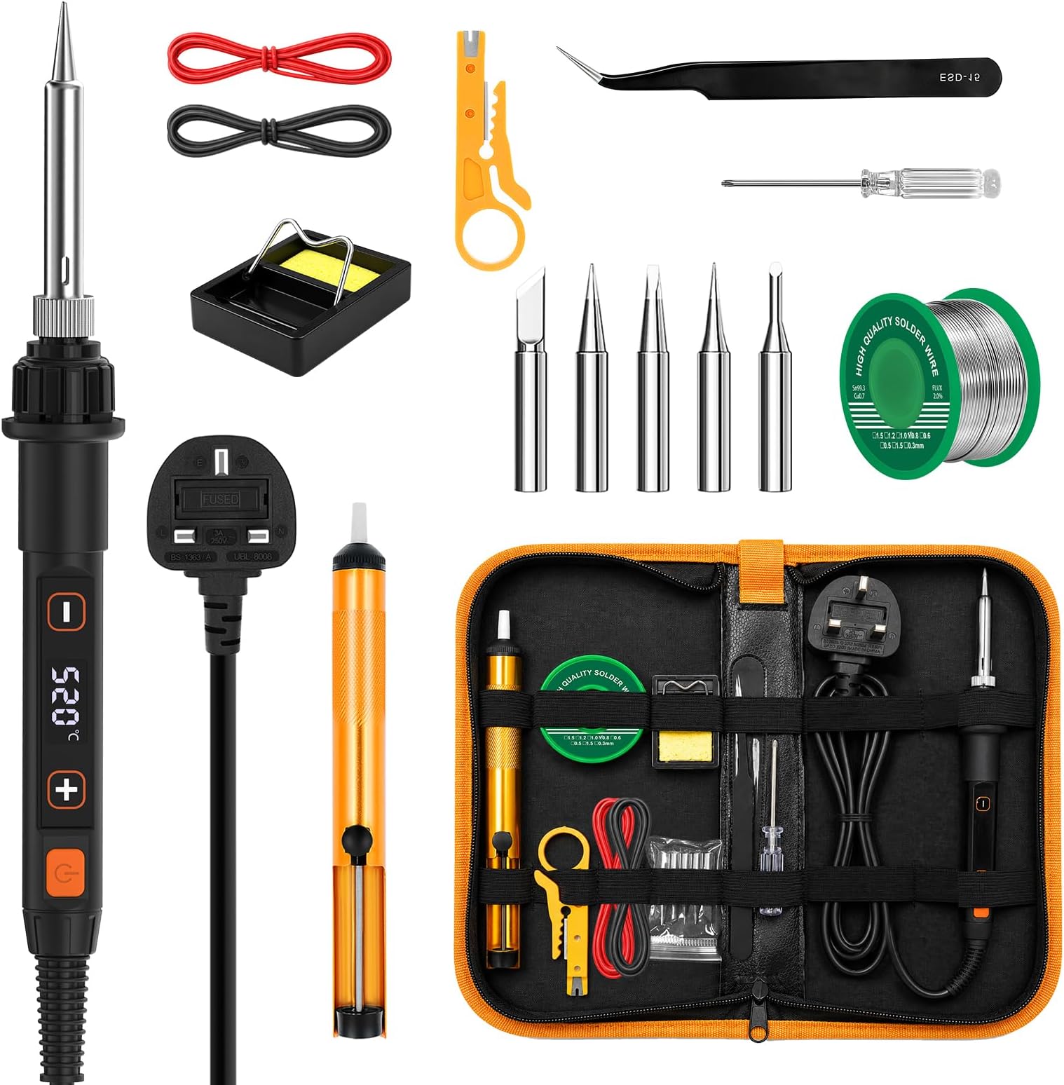 Soldering Iron Kit 80W LCD Adjustable Temperature 180-520°C 15 in 1 Electric Welding Tool with Switch, 50g Solder Wire, 5 Soldering Tips, Desoldering Pump, Wire Strippers, Stand, Tweezers, Tool Case
