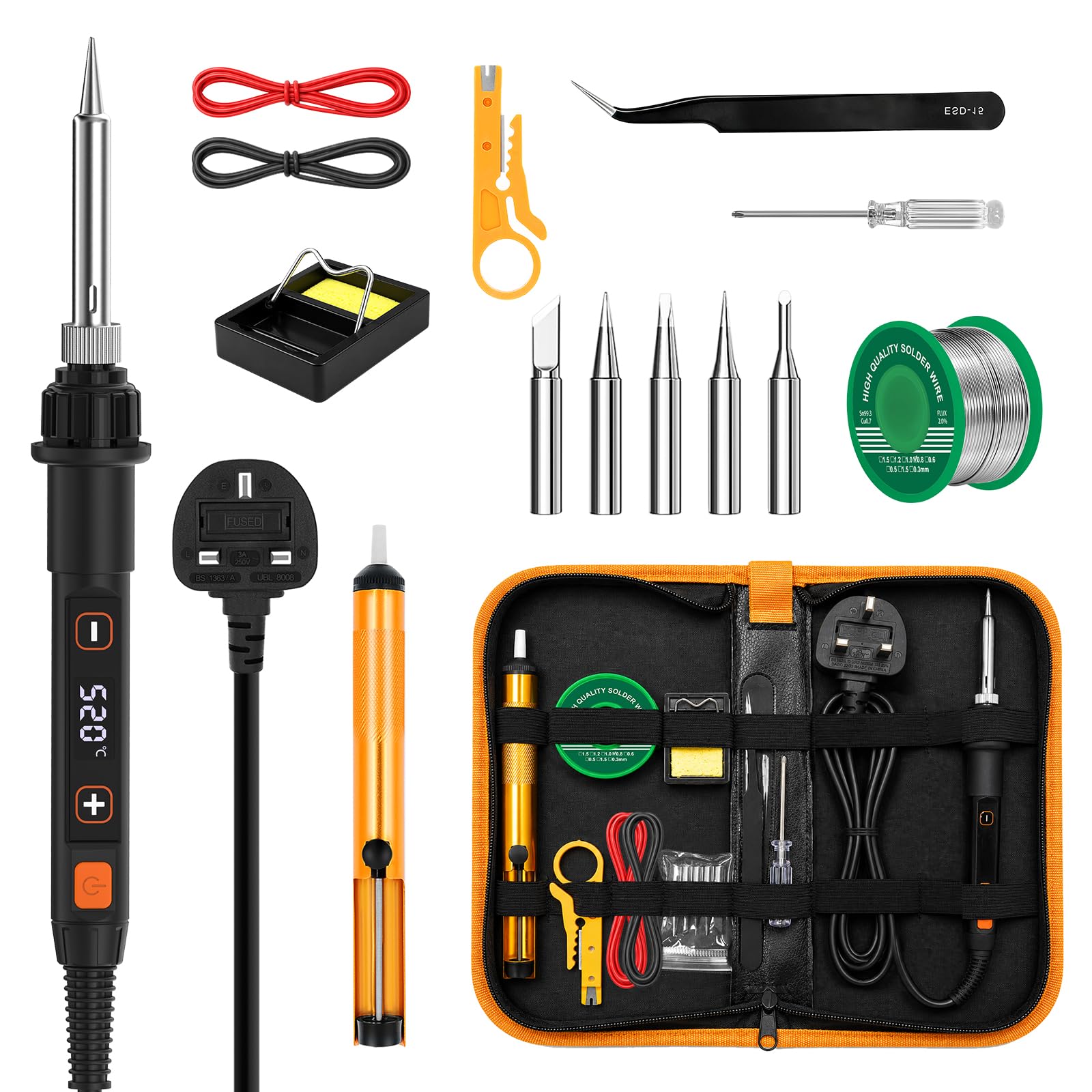 Kit de fer à souder 80 W LCD Température réglable 180-520 °C Outil de soudage électrique 15 en 1 avec interrupteur, fil à souder 50 g, 5 pointes de soudure, pompe à dessouder, pince à dénuder, support
