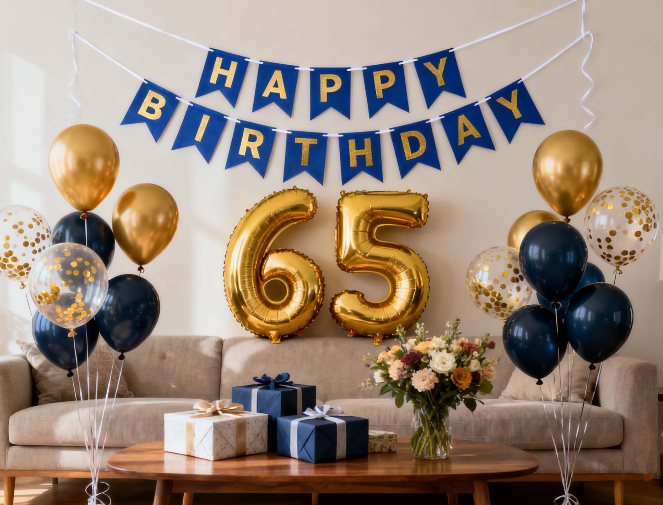 65th Birthday Balloons Decorations for Men Women, 24Pcs Navy Blue Gold 65th Birthday Confetti Balloons Kit, Large 65 Foil Numbers for Mother Dad 65 Years Anniversary Party Decor Supplie(65th)