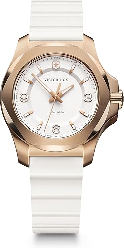 Victorinox I.N.O.X. V 37, esfera blanca, bisel de oro rosa, correa de goma blanca, Blanco, Reloj de cuarzo