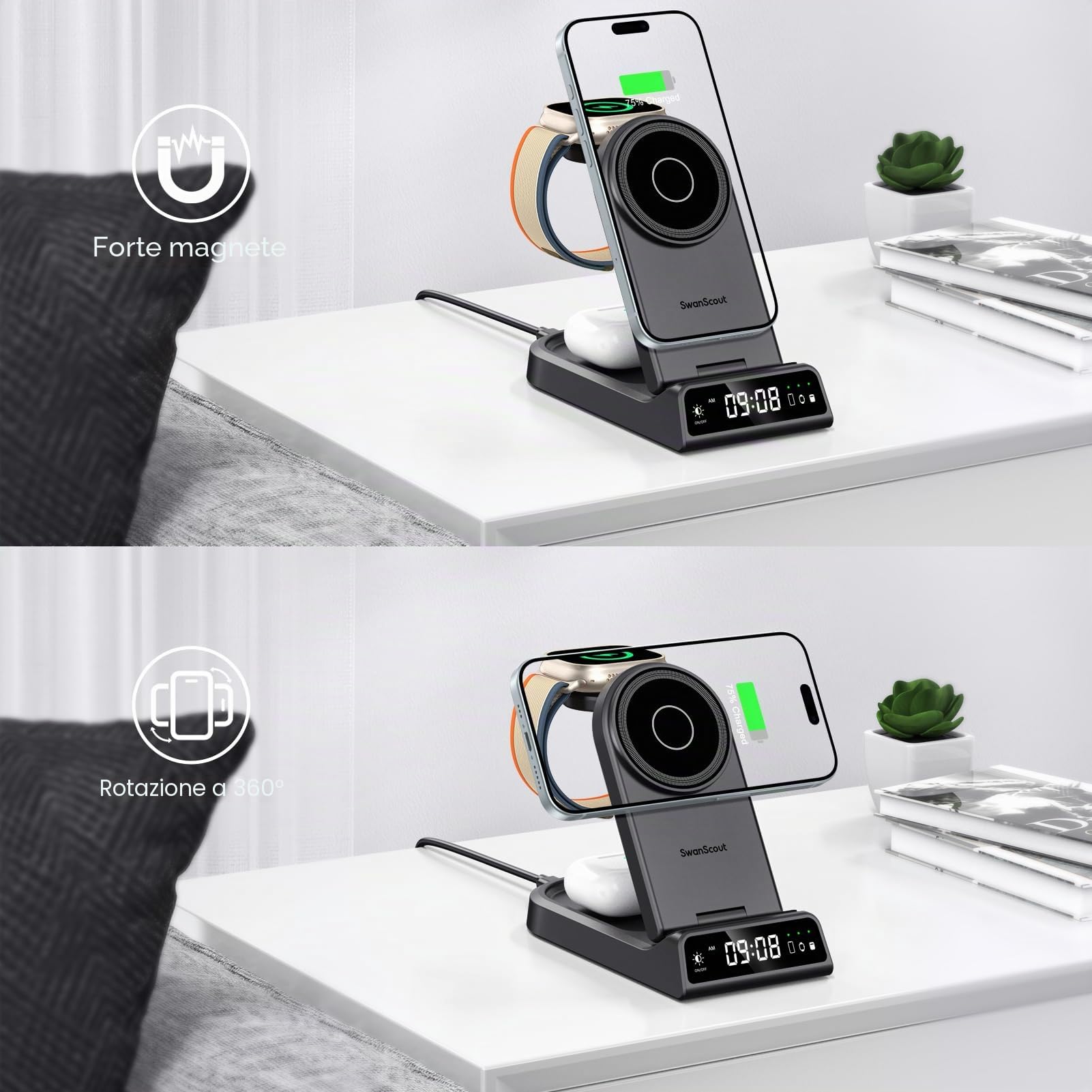 SwanScout Mag-Safe Caricatore Wireless Pieghevole, 4 in 1 Stazione di Ricarica per iPhone Air/17/16/15/14/13 Series, SwanScout 702M, Magnetico Caricabatterie per Apple Watch Ultra 3/11/10/9/8/7/6