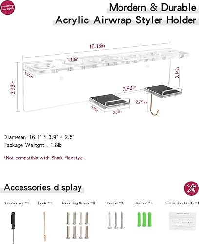 Miniatura 4 de Affogato Soporte de pared acrílico compatible con Dyson Airwrap Styler y organizador de accesorios para barriles de cepillos de varita, transparente