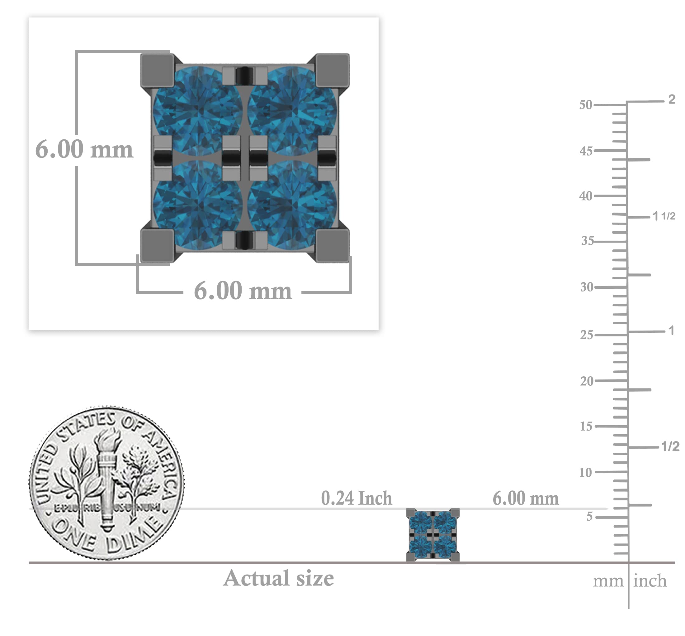 Dazzlingrock Collection 0.55 Carat (ctw) Round Blue Diamond 6mm Square Shaped Hip Hop Iced Out Studs in Black Plated Sterling Silver, Unisex Design Ladies, Mens Real Diamond Earrings