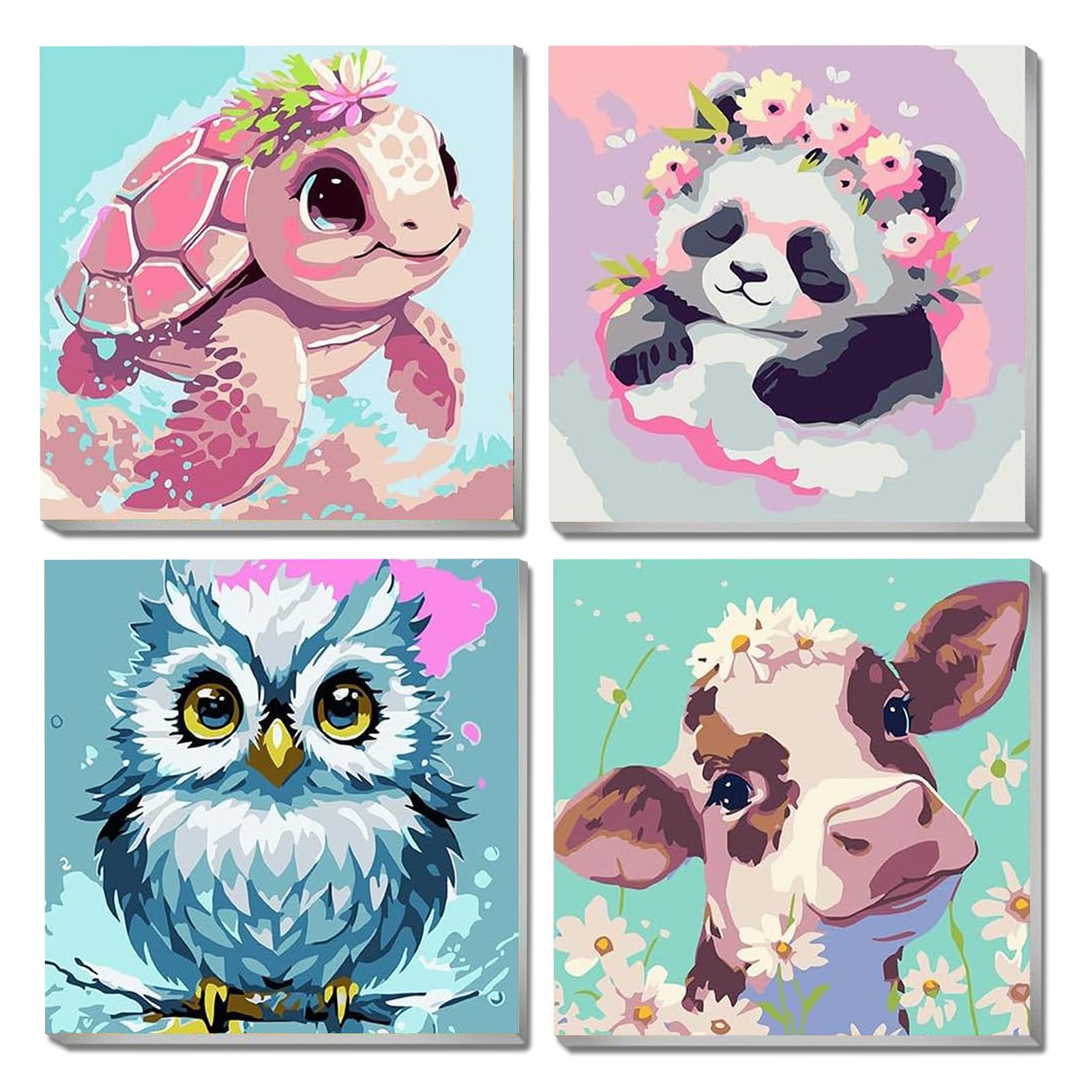 YALKIN 4 Packs Paint by Numbers for Kids, Animals Painting by Number Kits On Canvas for Adults,Without Frame DIY Color Oil Painting Acrylic Paints,Home Wall Decor 8x8in/20x20cm